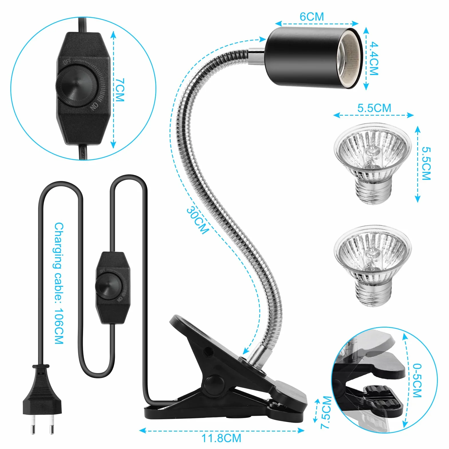 Lampa żółwia, lampa dla gadów z 1 oprawką E27 i 2 żarówkami UVA UVB o mocy 50 W i obrotowym zaciskiem 360 °, lampa dla gadów dla żółwia, węża, jaszczurki, kameleona