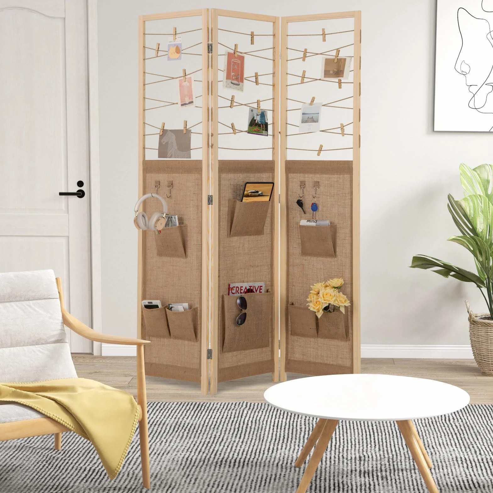 GIANTEX Składany 3-panelowy parawan, drewniana przegroda prywatności z 8 kieszeniami do przechowywania, 4 hakami i sznurkiem do zawieszenia z 20 bambusowymi klipsami, 120 x 170 x 2 cm