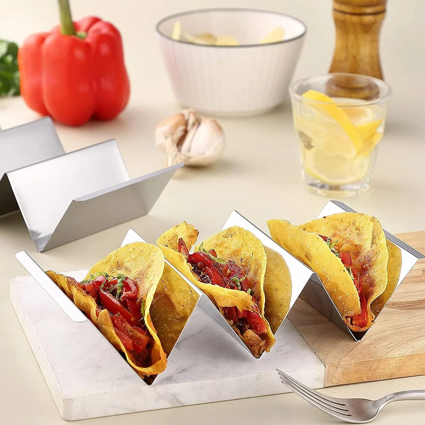 4 sztuki stojaków taco, meksykańskie stojaki do taco, ze stali nierdzewnej, falisty, wielokrotnego użytku, do kanapek, restauracji, domu, pikników