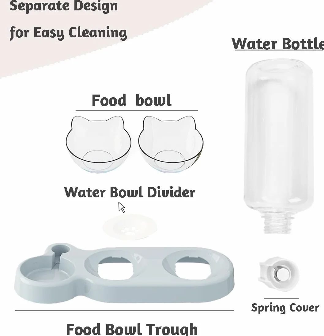 Miska na karmę dla kotów 3 w 1 podwójna z dozownikiem wody szara przezroczysta