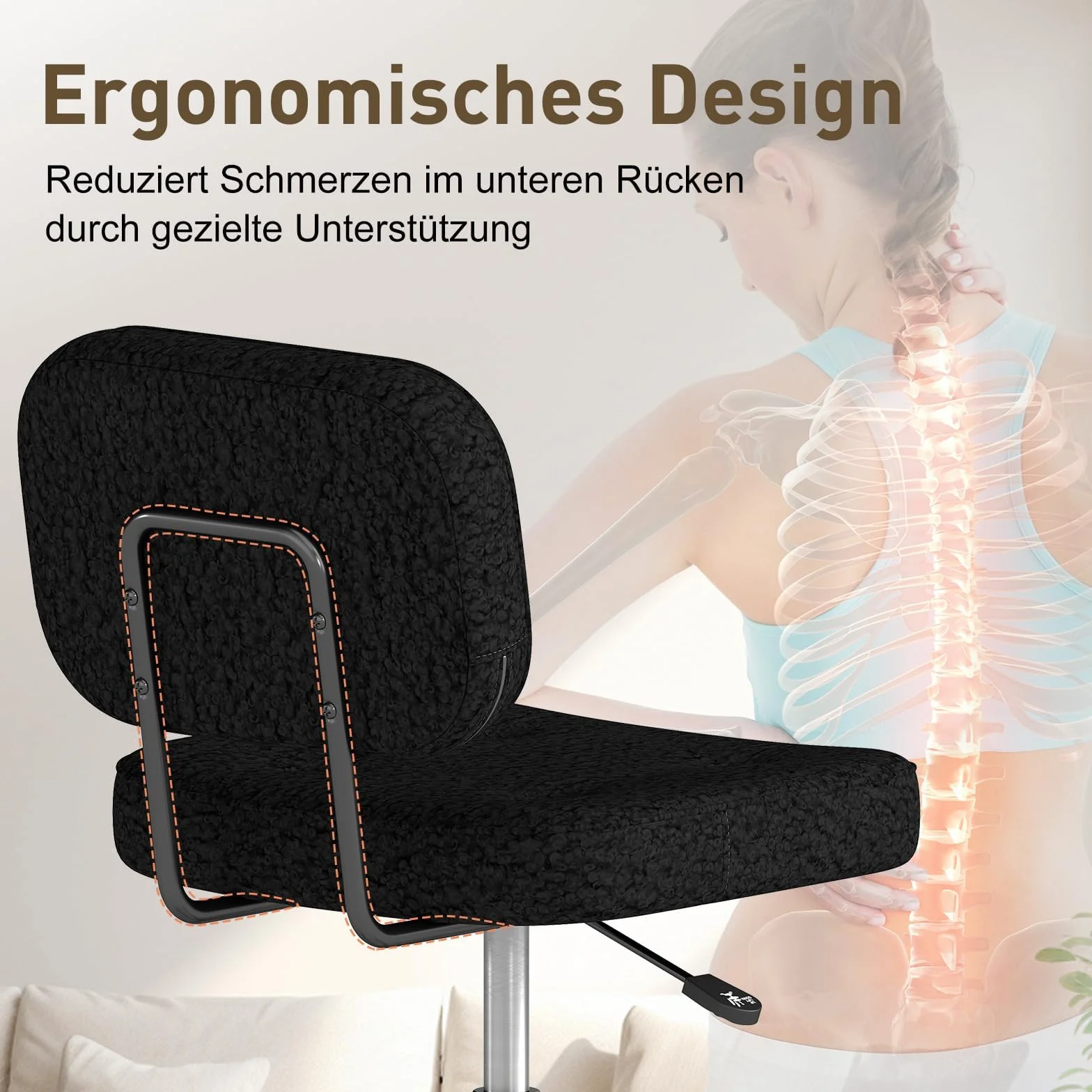 AnyGod Krzesło do biurka bez podłokietników, kompaktowe krzesło obrotowe z kółkami i regulacją wysokości, ergonomiczne krzesło komputerowe do małych pomieszczeń i toaletka, materiał pluszowy, czarny
