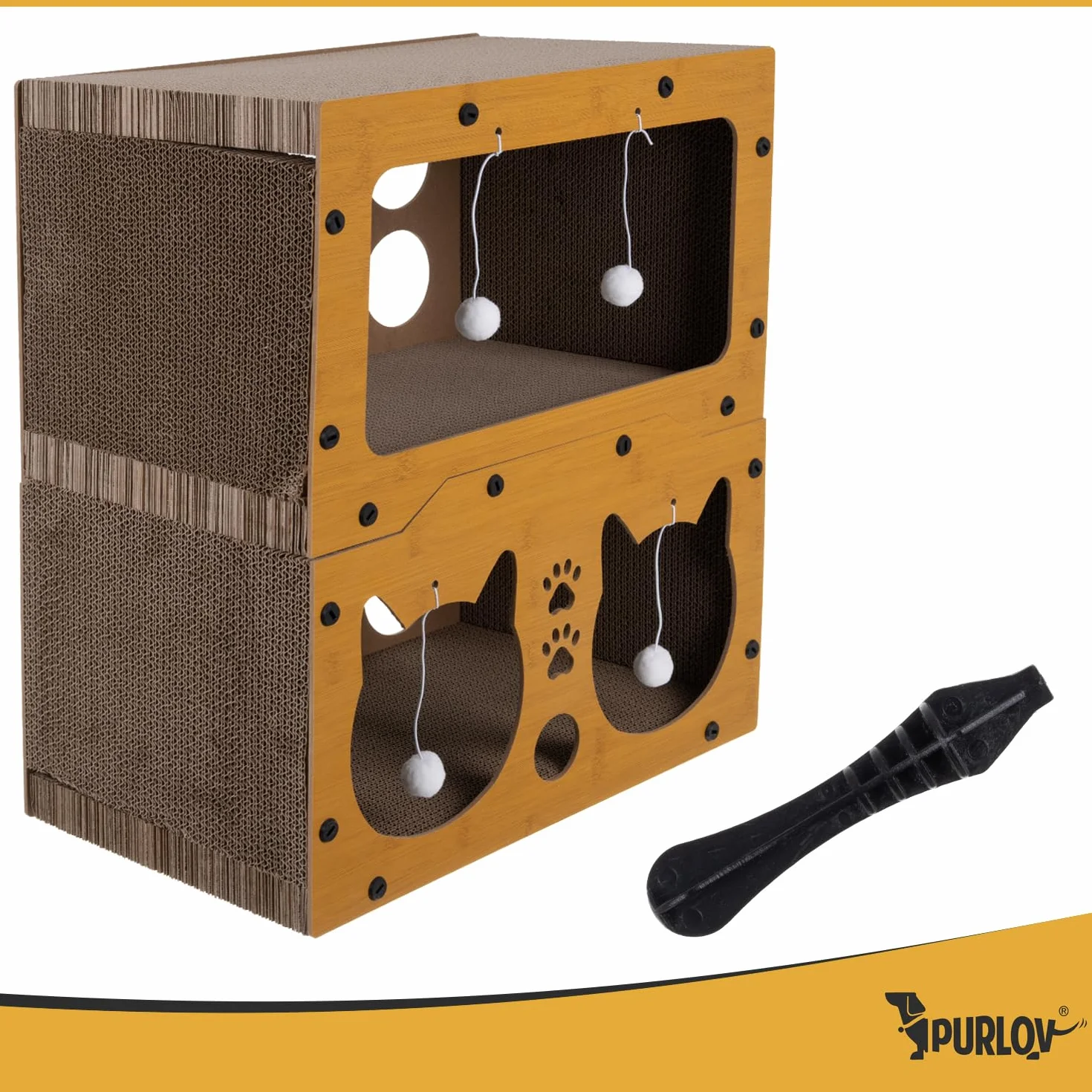 Purlov Drapak dla kotów 3 w 1 z 2 poziomami HDF tektura falista meble do drapania miejsce do spania dla 1-2 kotów 51,5 × 45,5 × 28 cm