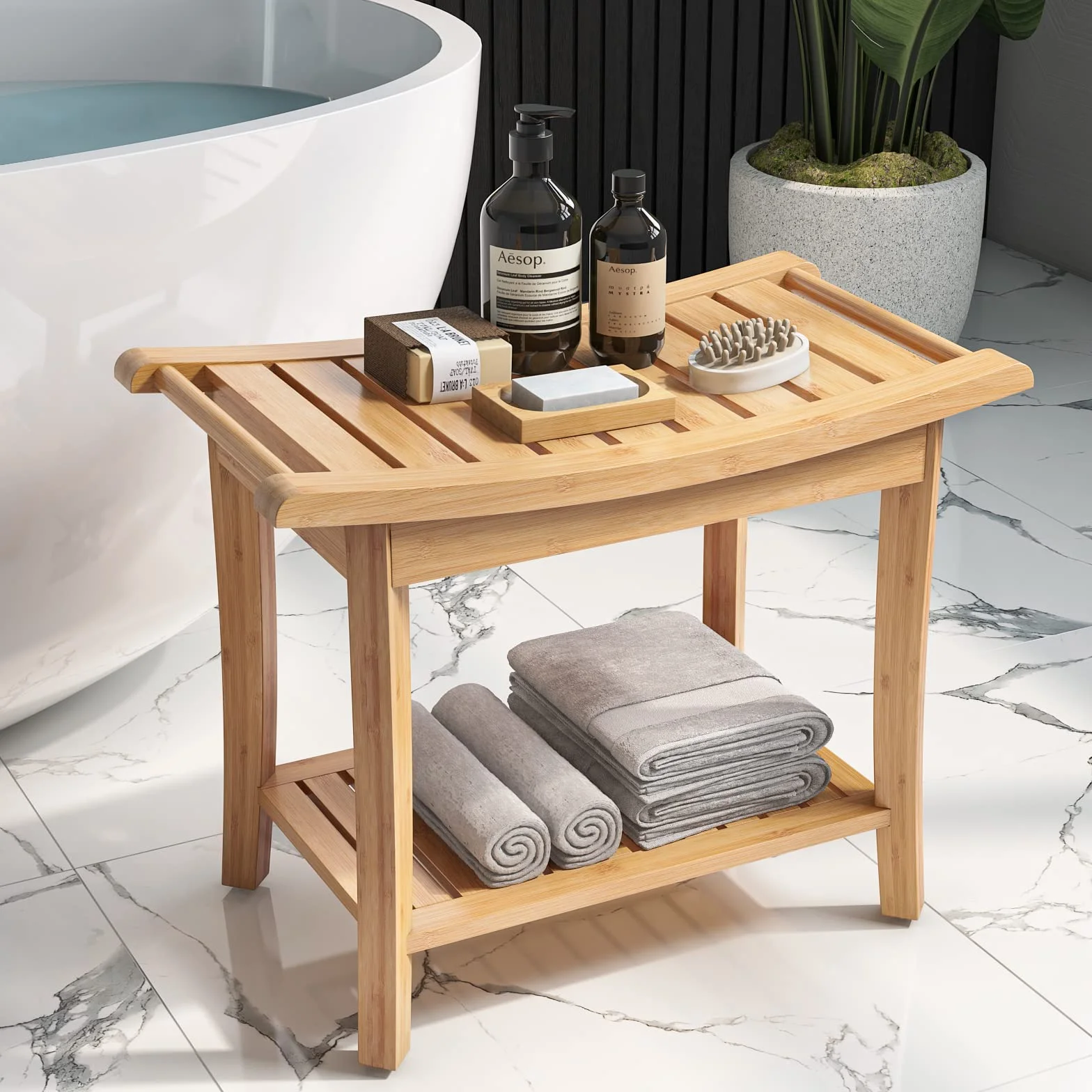 HOCSOK Taboret Bambusowy, ławka do siedzenia, stołek prysznicowy, wodoodporny, antypoślizgowy, 2 poziomy, do domu, łazienki, ogrodu, balkonu, 60 x 33 x 46 cm, meble łazienkowe, kolor