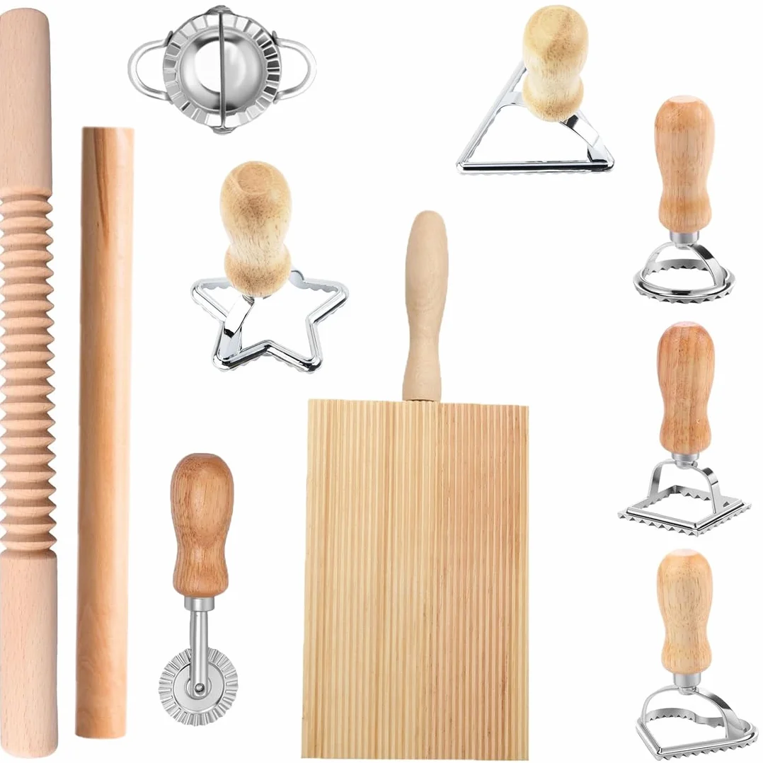 Zestaw do robienia makaronu, 10 sztuk, ze stemplem ravioli i deską do gnocchi, w zestawie wałek do ciasta, krajalnica do pierogów, wydajny zestaw do robienia tortellini/szpecli