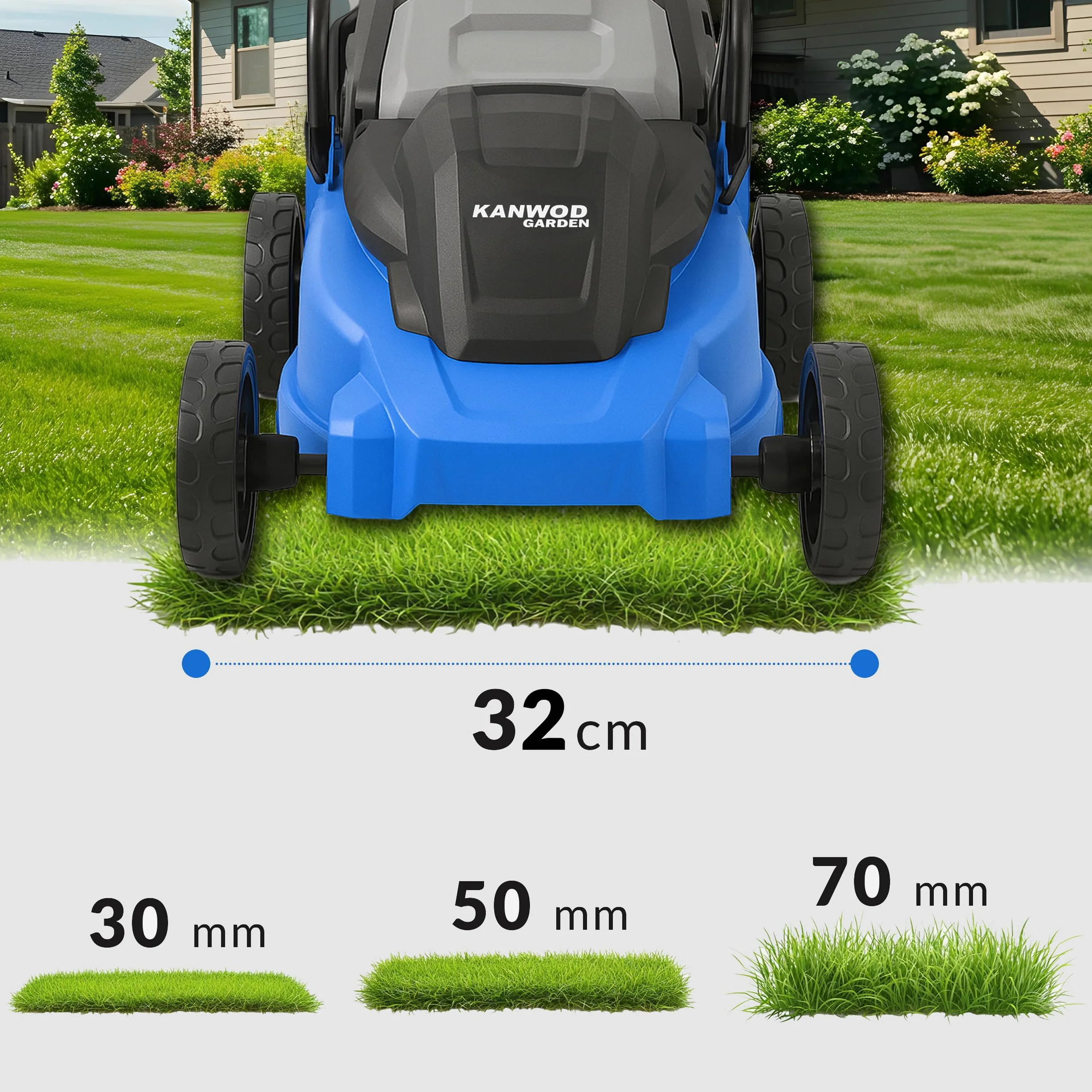 Elektryczna kosiarka do trawy Kanwod 1200 W, szerokość cięcia 34 cm, kosz 30 litrów, wysokość cięcia regulowana na 3 poziomach od 30 do 70 cm, 3400 obr/min