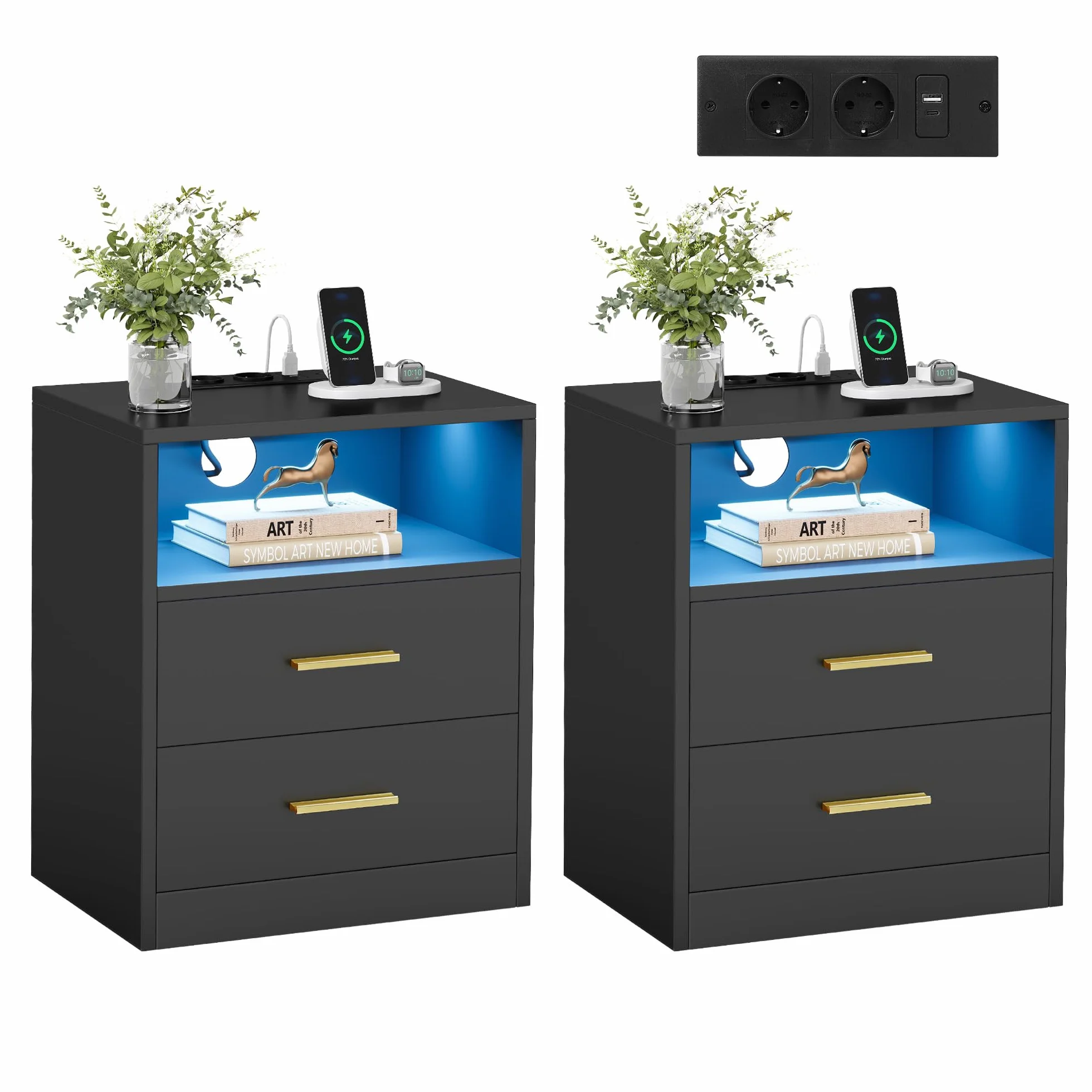 VASAGLE Kolekcja CUSTOS – stolik nocny ze stacją ładującą, zestaw 2 szt., oświetlenie LED, stolik boczny, z szufladami, 2 gniazdkami sieciowymi i portami USB, czarny atramentowy LET829BC01