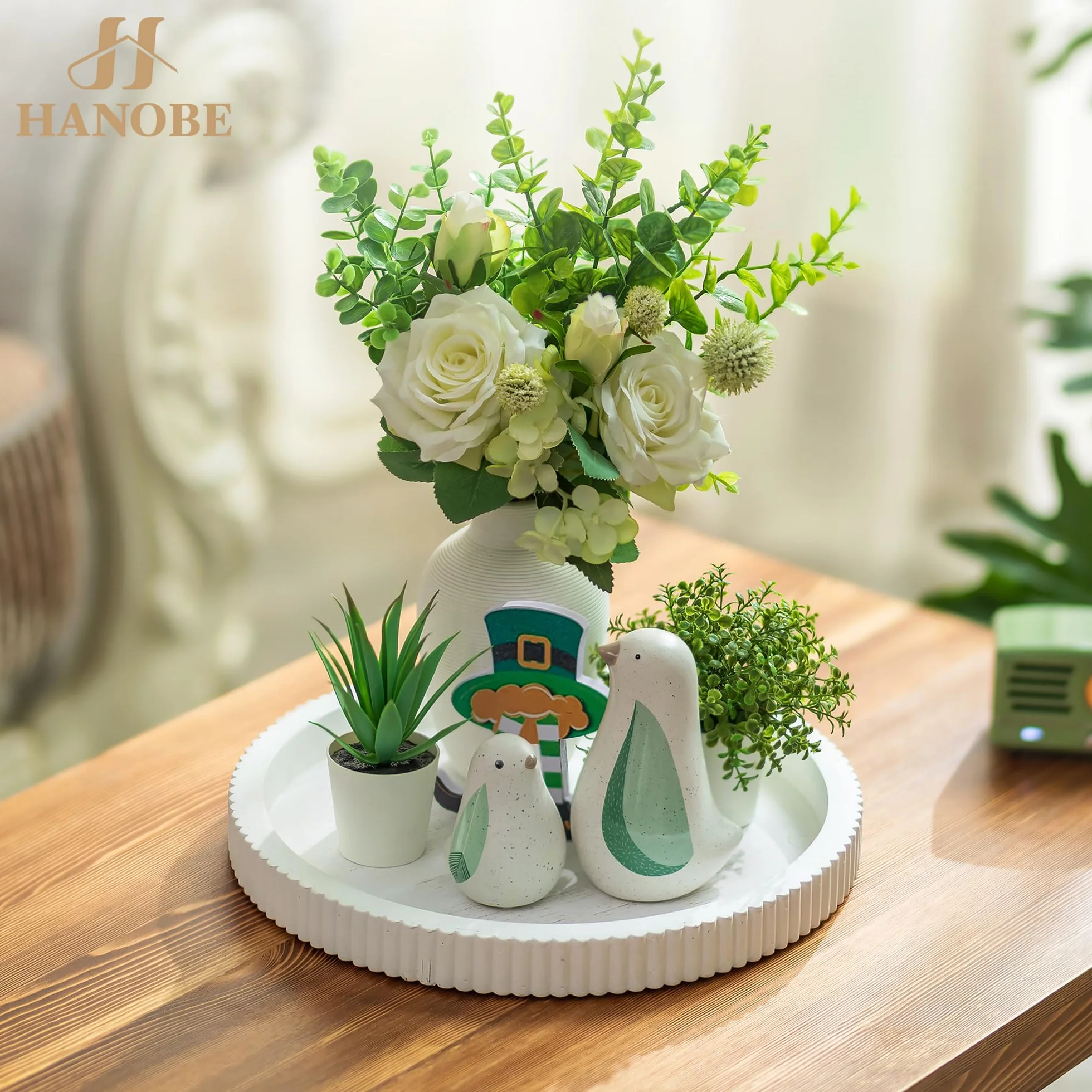 Hanobe Okrągła dekoracyjna taca Deco: Shabby Chic Białe drewniane tacki do serwowania do kuchni salonu - 30 cm Nowoczesna dekoracja domu Pionowe paski na stolik kawowy Wejście