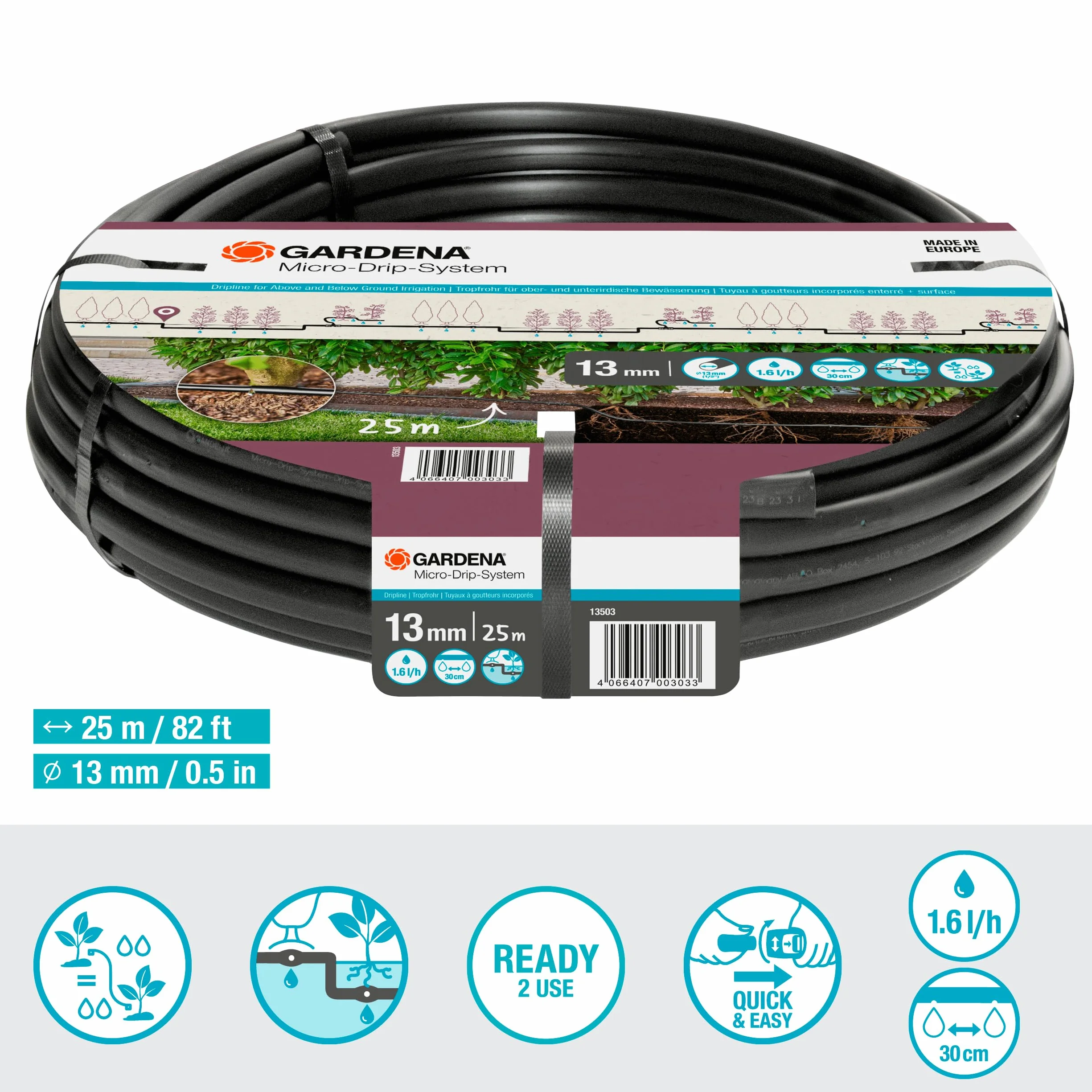 Gardena zestaw Micro-Drip rura kroplująca 1,6 l/h układanie nad ziemią i pod ziemią (25 m): Zes. rozszerzający do wodooszczędnego sys. nawadniania, prosta i elast. tech. połączeniowa (13503-20)
