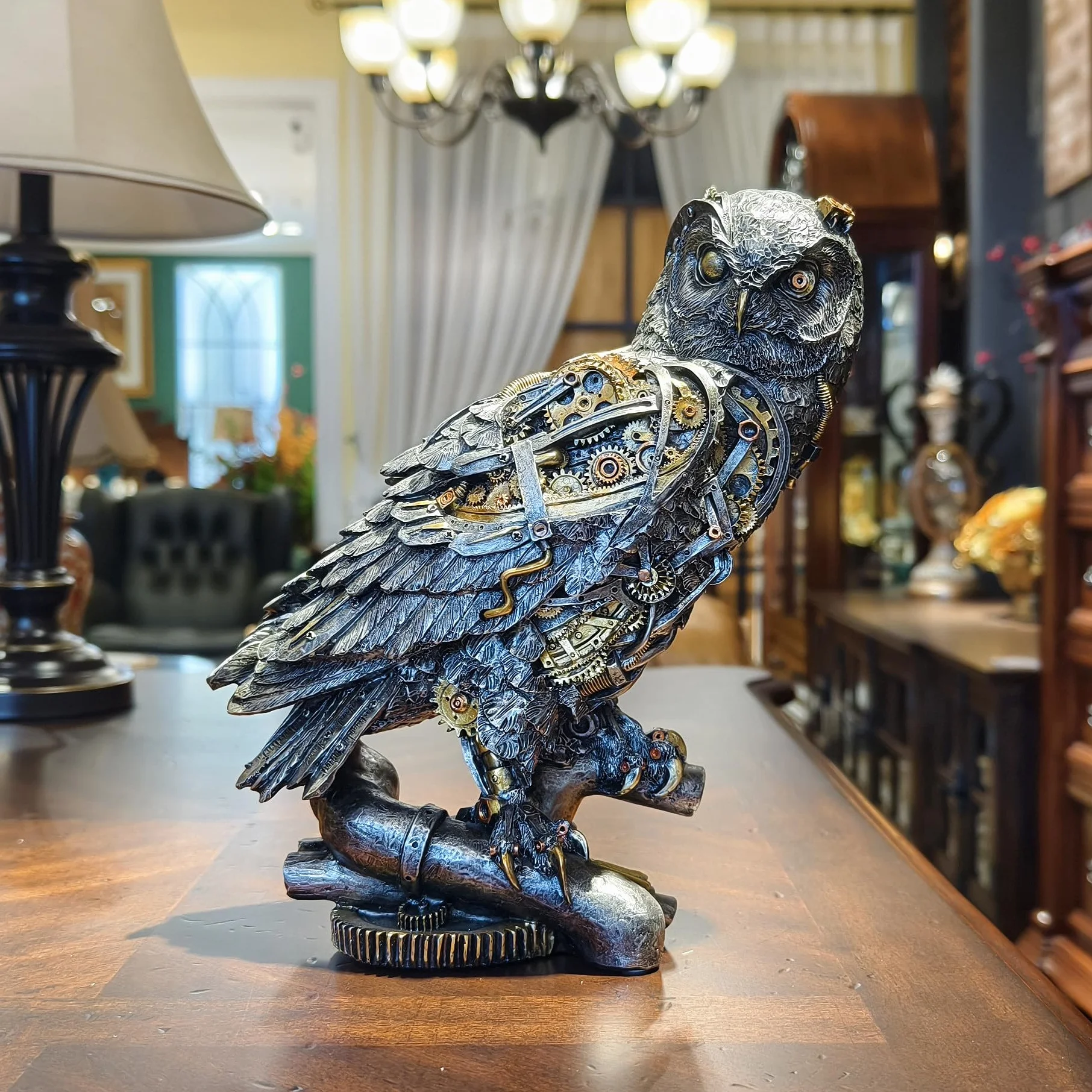 OUTOUR Steampunk Sowa Statua 39 cm H Metaliczny Srebrny Złoty Gotycki Kolekcjonerska Figurka Zwierząt Mądrość Prezent Sowa Rzeźba Dom Biuro Wystrój Salon Blat Wyświetlacz