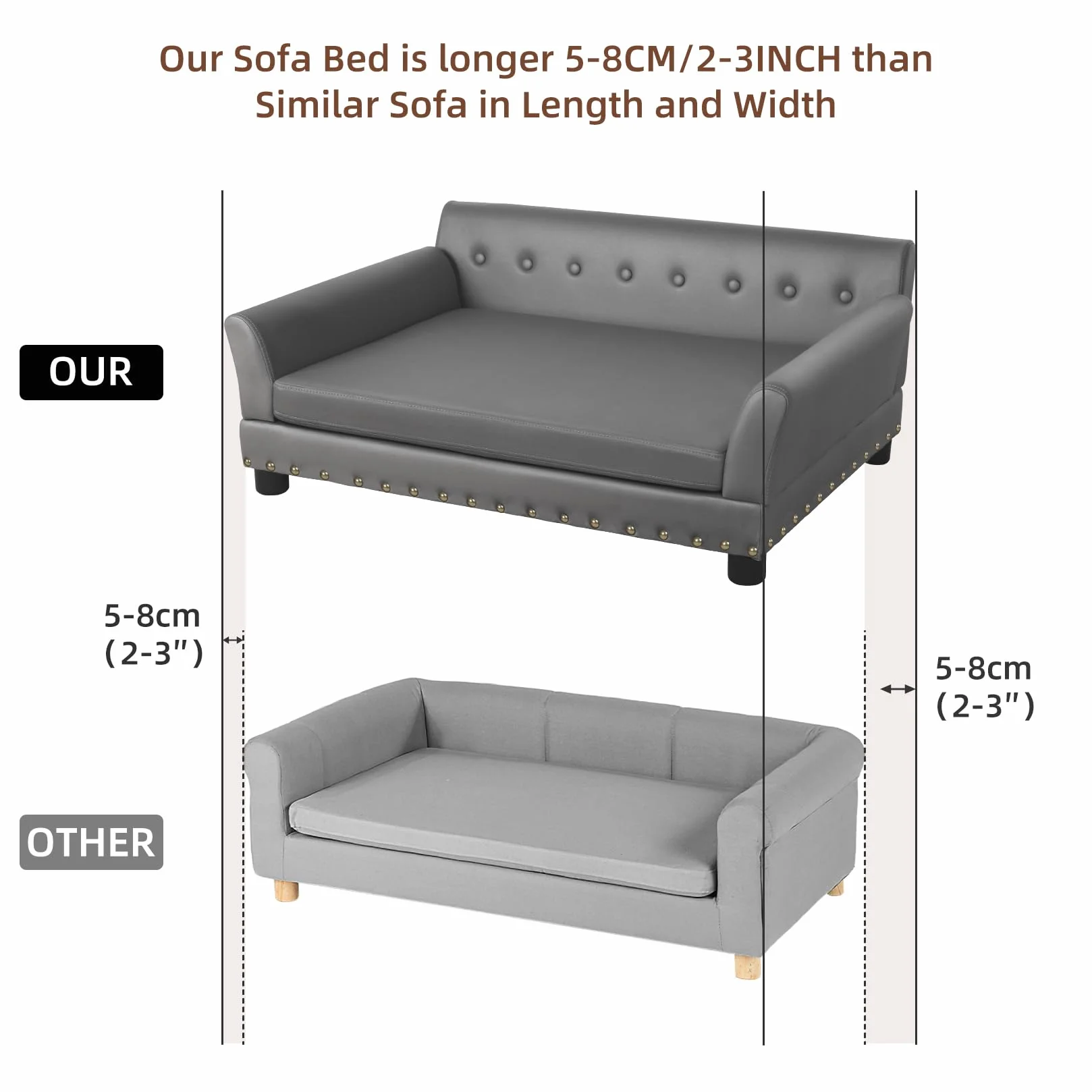 BingoPaw Luksusowa sofa dla dużych psów: XXL kanapa dla psów z oddychającej, wodoodpornej skóry, Mordern sofa dla zwierząt domowych z oparciem, ortopedyczna poduszka dla psa i drewniane nogi, szara