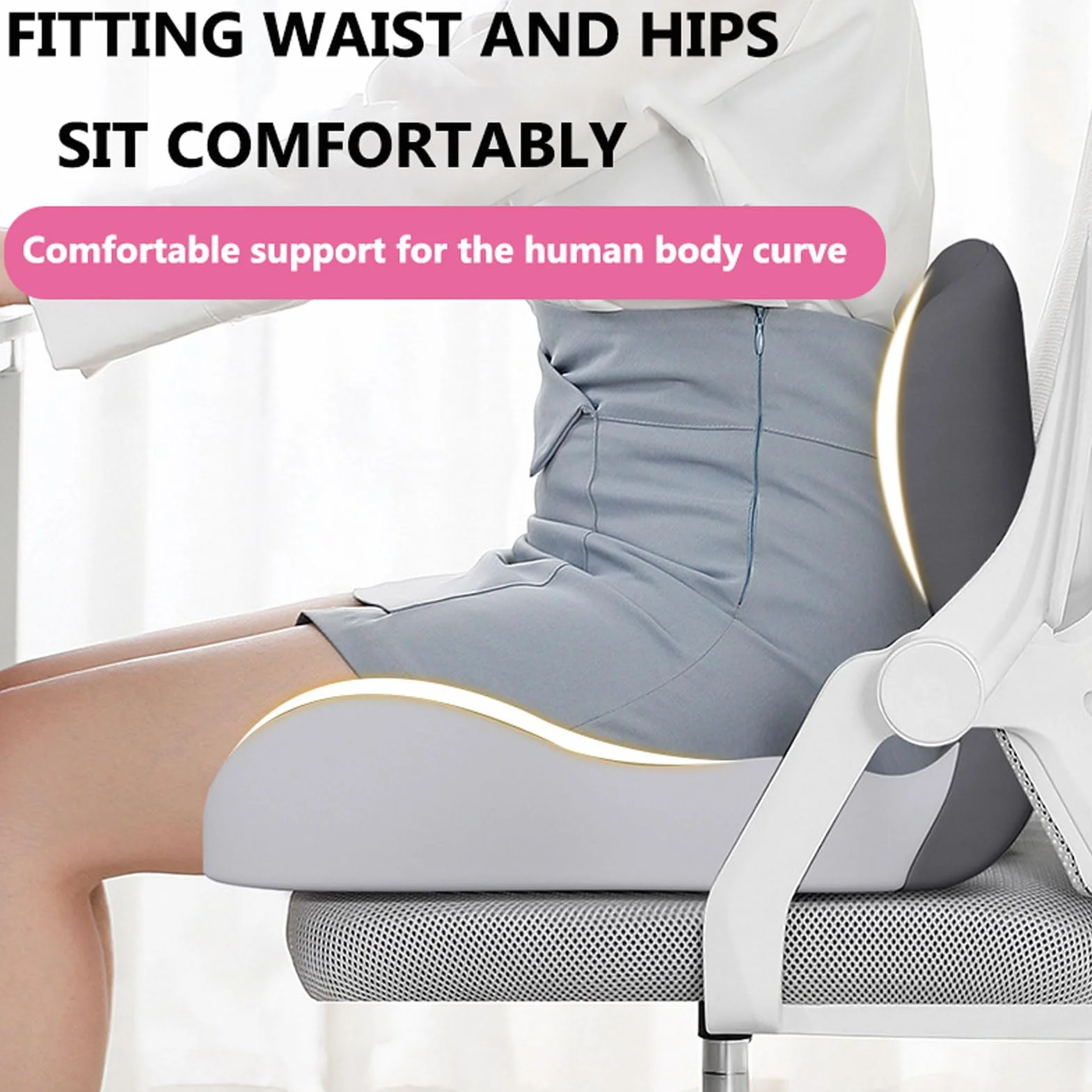 Ergonomiczna poduszka z pianki memory z podparciem lędźwiowym, oddychające poduszki siedzeniowe w kształcie litery L, poduszki przeciwodleżynowe na pośladki (N 44x42x32cm)