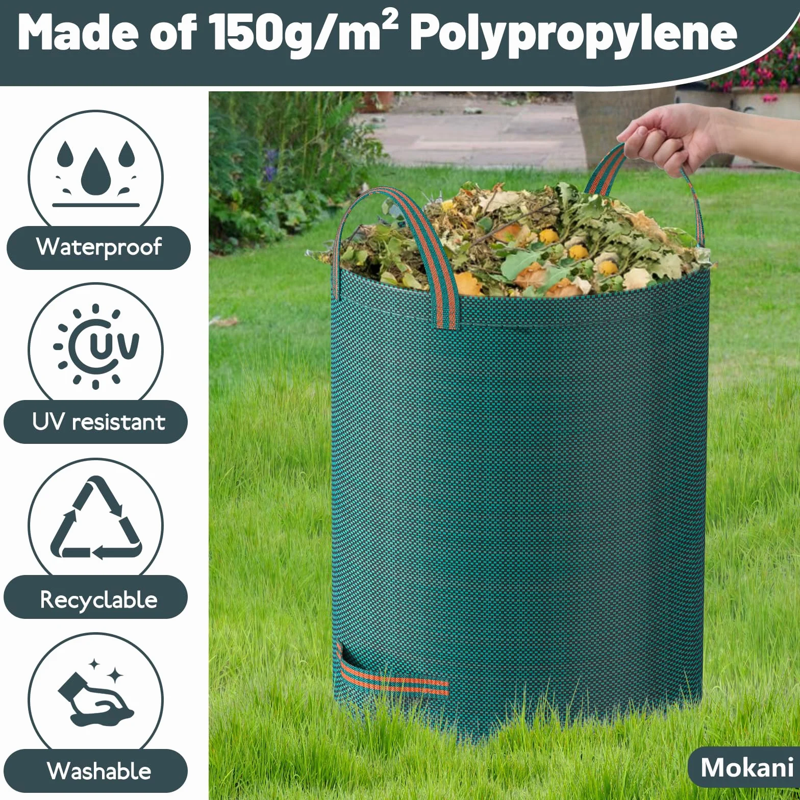 Mokani Worki na odpady ogrodowe, wytrzymałe, z uchwytami, 120 l x 3 worki ogrodowe wielokrotnego użytku, składane, kempingowe, do recyklingu, na liście, śmieci, gruz, ogrodowe worki na śmieci