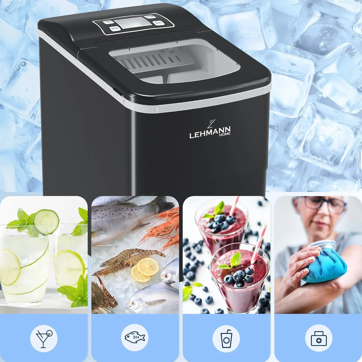 LEHMANN ‎LHOIM-1222 kostkarka do lodu 2 l, 9 kostek lodu w ciągu 6-12 minut, 12 kg w ciągu 24 godzin, automatyczne czyszczenie, 2 rozmiary kostek lodu, idealna do kuchni, biura, baru i na imprezę