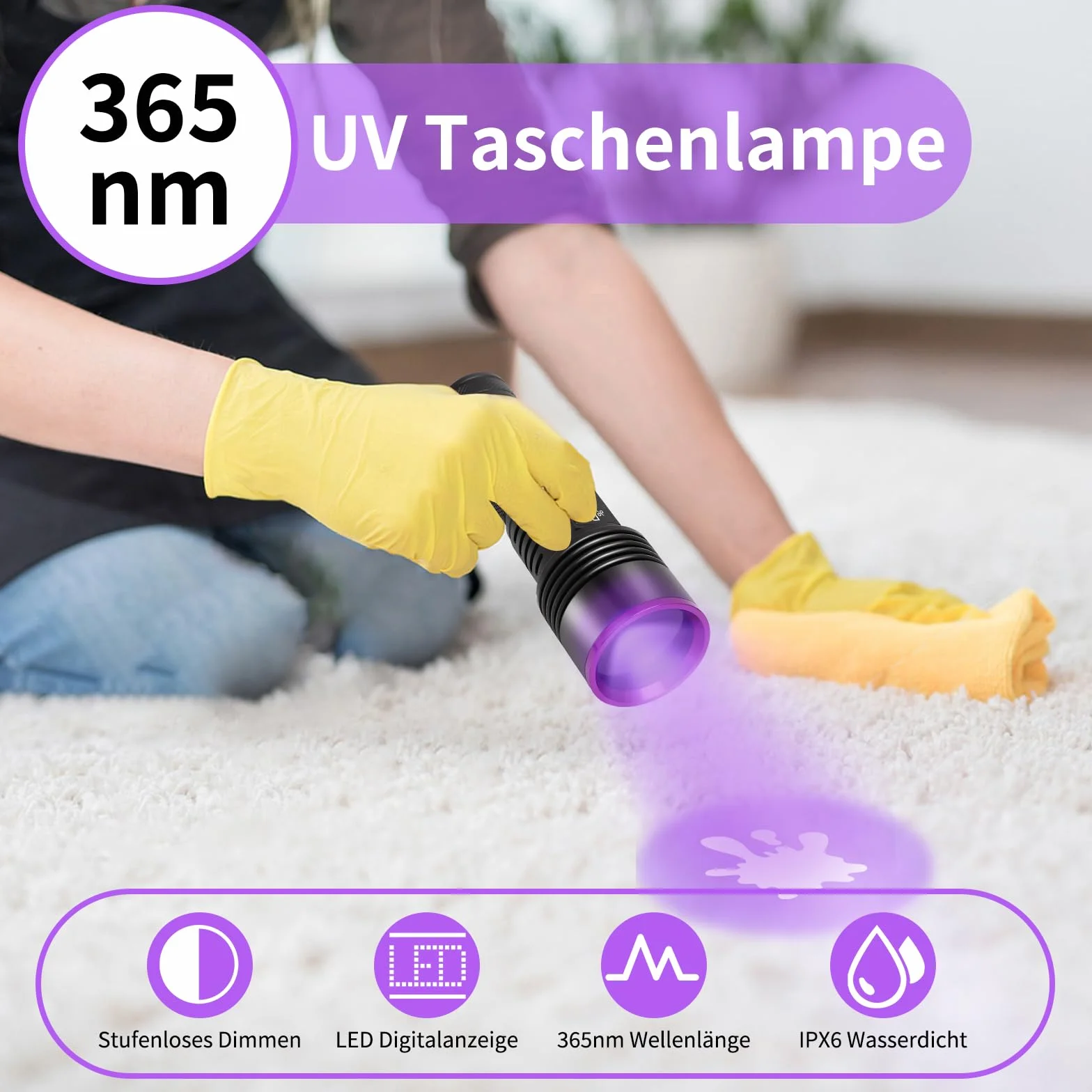 Latarka UV, 20 W, czarne światło, 365 nm, wodoszczelna latarka LED, ładowana, 5000 mAh, światło UV, do wykrywania moczu zwierząt domowych, bursztynu, skorpiona, minerałów, podróży, nad łóżkiem
