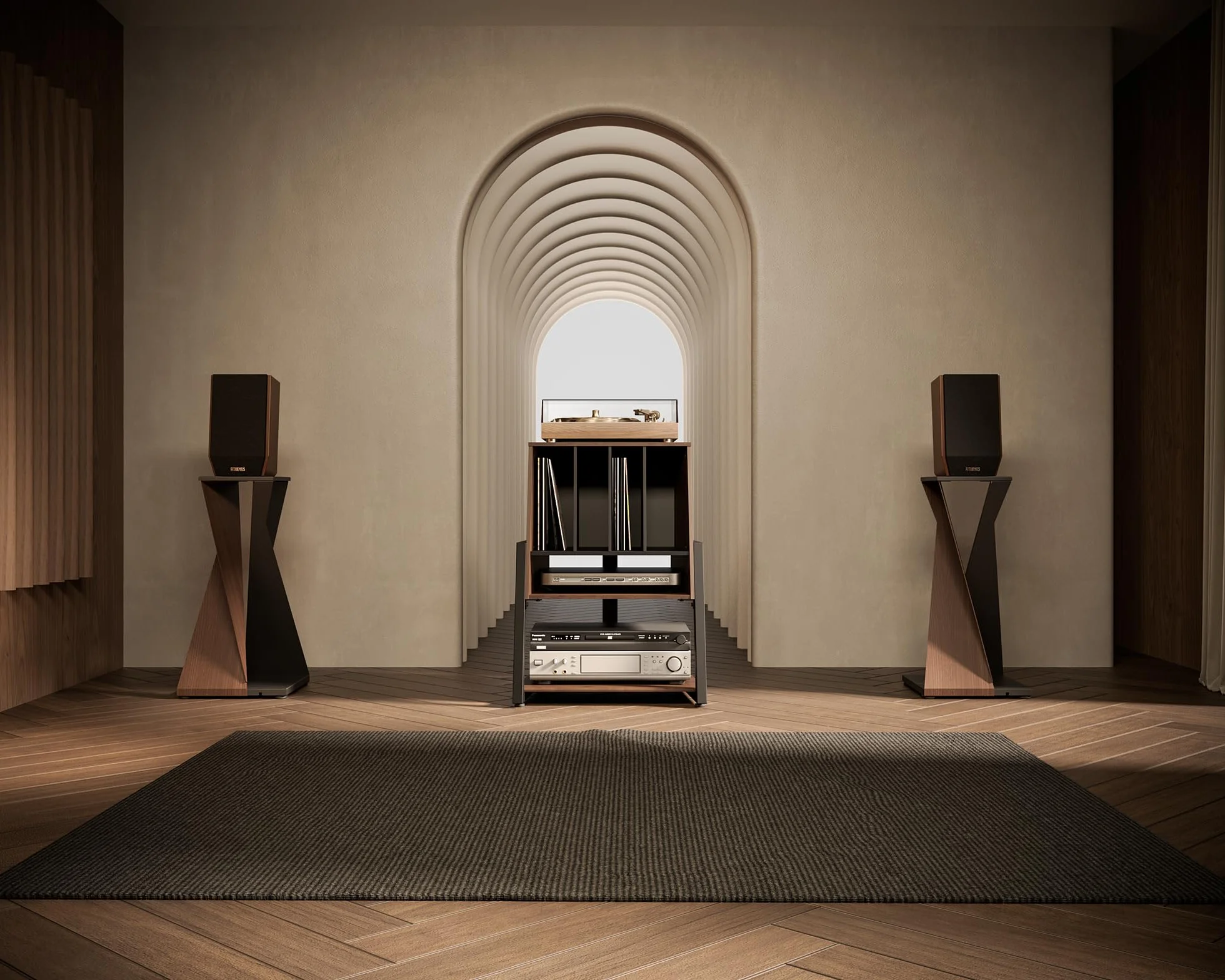 FITUEYES Designerski gramofon, stół HiFi, do gramofonów, płyt gramofonowych, kompaktowych urządzeń, regałów, nowoczesna, elegancka seria Eiffel