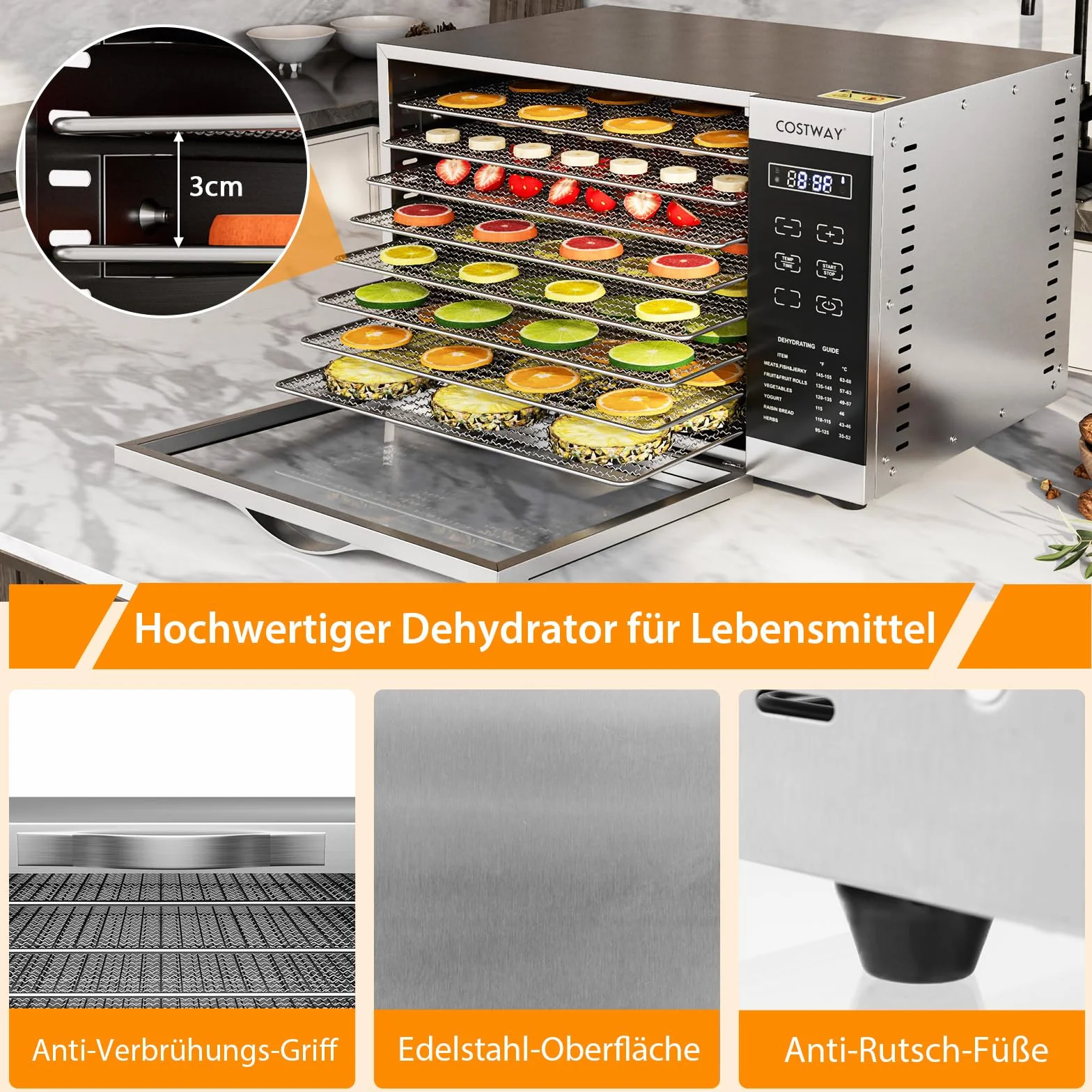 COSTWAY Suszarka do dywanów z 8 przegródkami, suszarka 620 W, regulacja temperatury 30-70°C i 24-godzinny timer, ochrona przed przegrzaniem i przeciążeniem, suszarka do dywanów do owoców, mięsa i