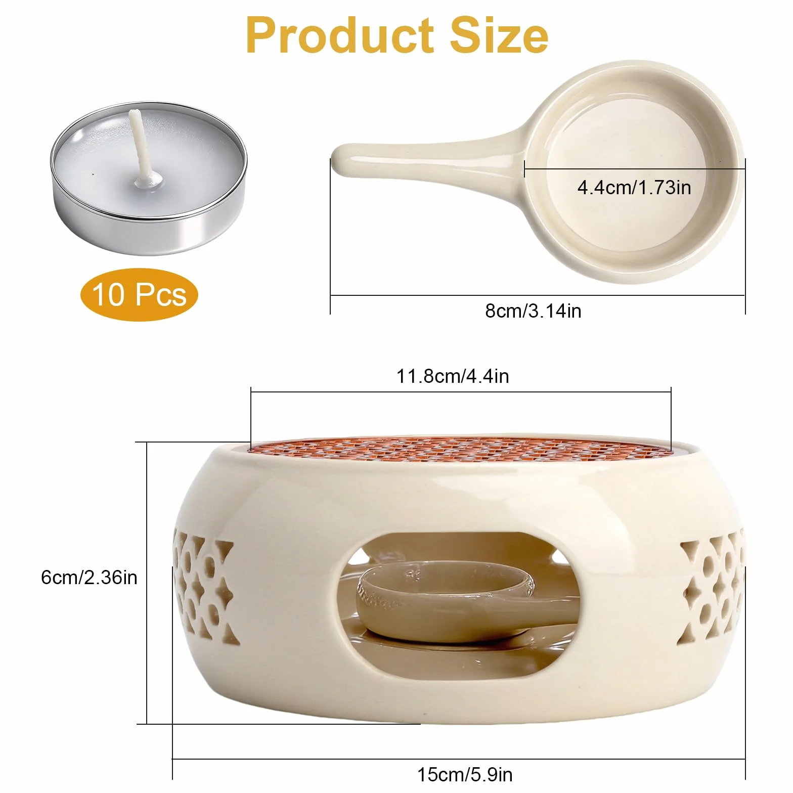 Podgrzewacz do dzbanka do herbaty, ceramiczny podgrzewacz 15 cm, biała porcelana, podgrzewacz do herbaty, podgrzewacz do herbaty z 10 świeczkami tealight, do utrzymania ciepła, kawy, mleka i