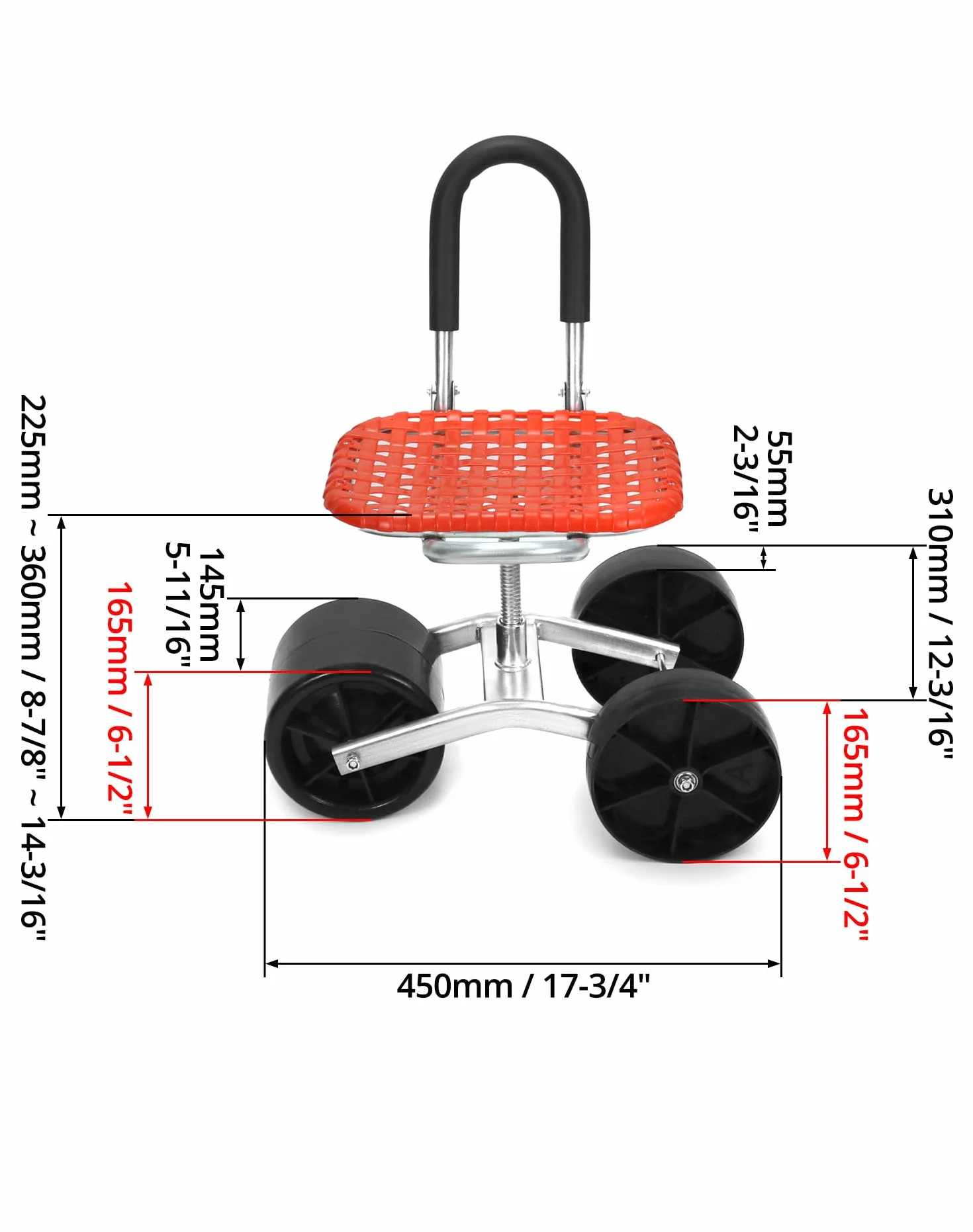 QWORK® Taboret ogrodowy na kółkach, rolowane siedzisko do ogrodnictwa, obracane o 360 °, czerwone, z regulacją wysokości, do użytku domowego i ogrodowego