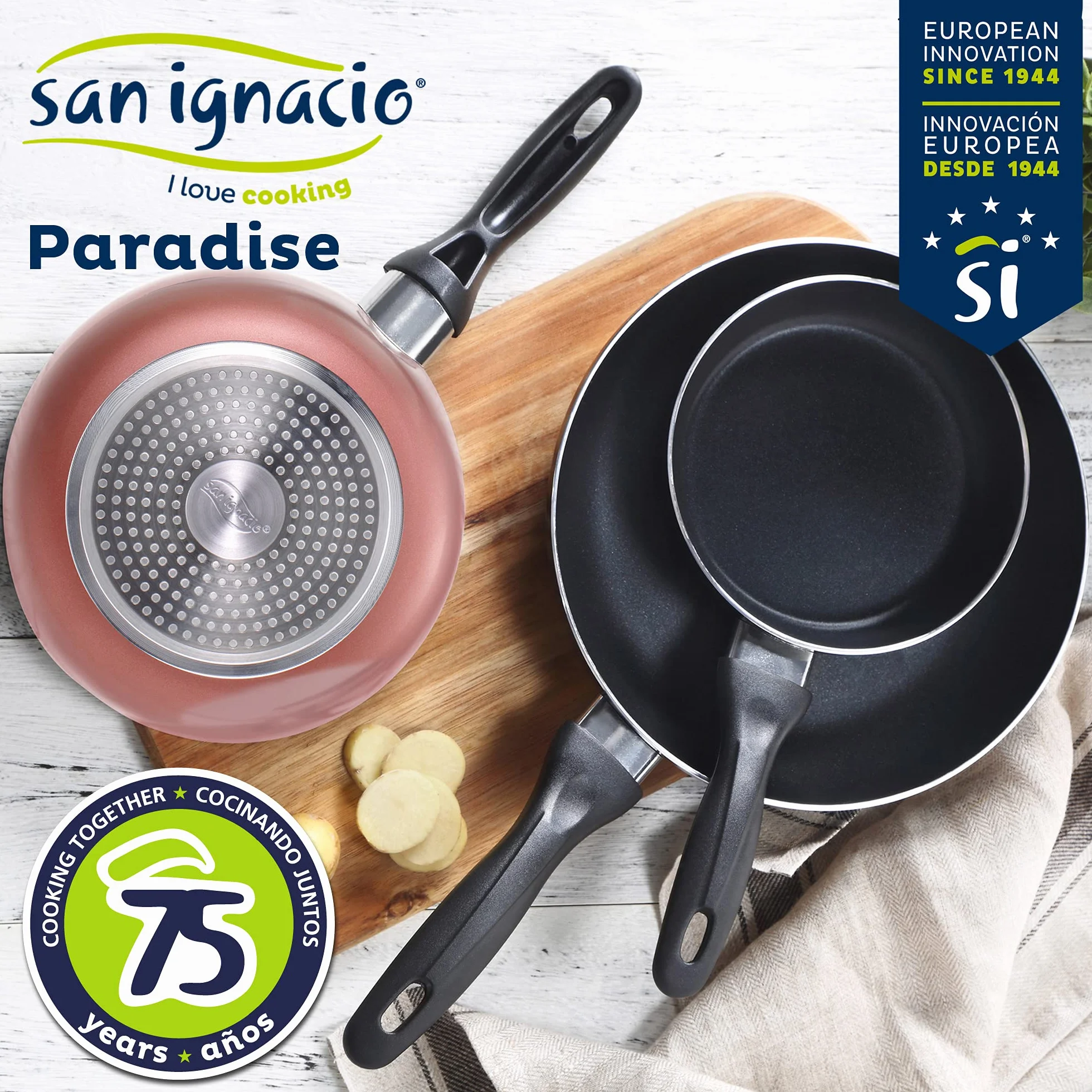 Bateria kuchenna 8 sztuk SAN IGNACIO Dina, stal nierdzewna, zestaw patelni (16/20/24 cm) SAN IGNACIO Paradise z tłoczonego aluminium