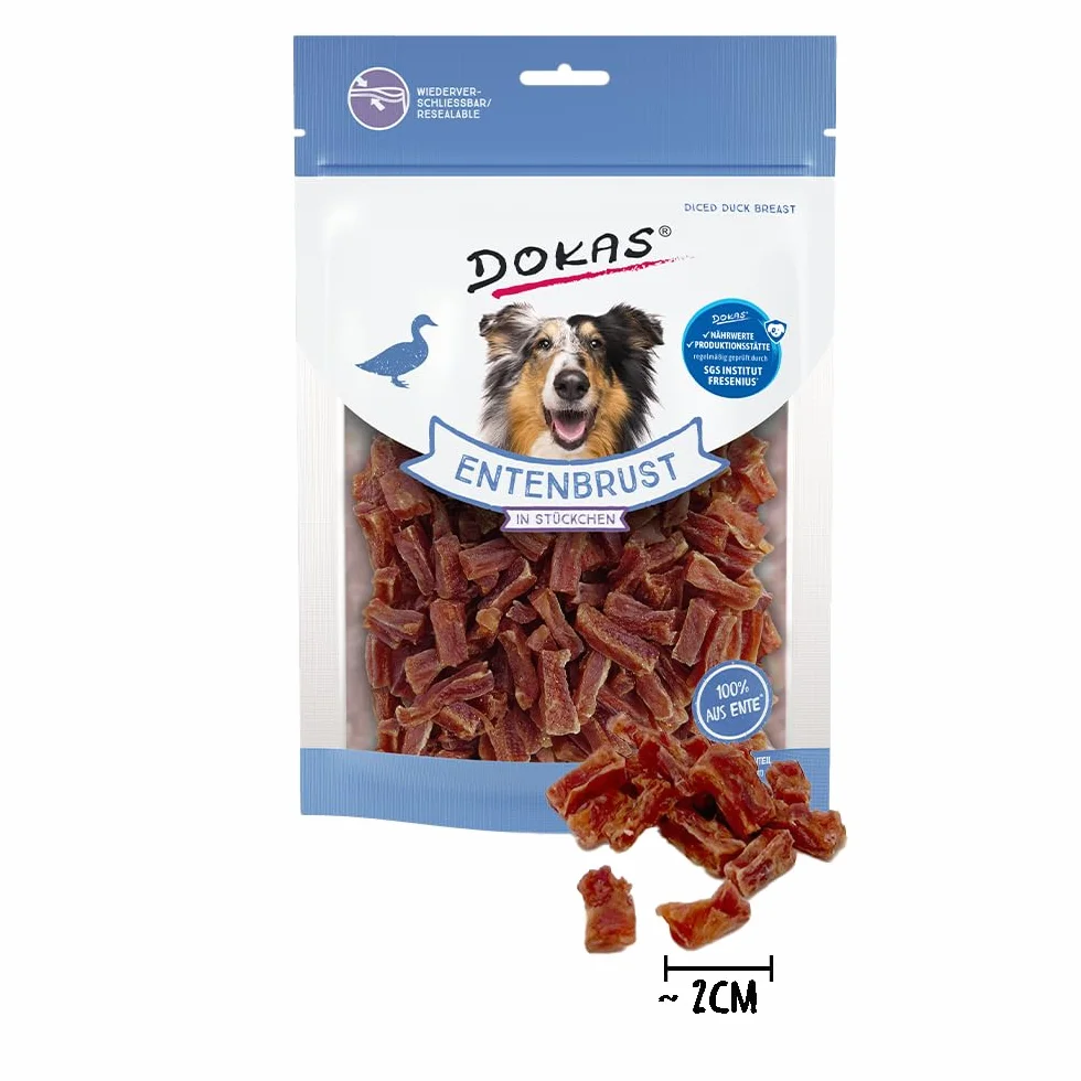 DOKAS Pierś z kaczki w kawałkach – bezglutenowa przekąska premium w praktycznym rozmiarze dla psów – idealna do treningu – 1 x 200 g