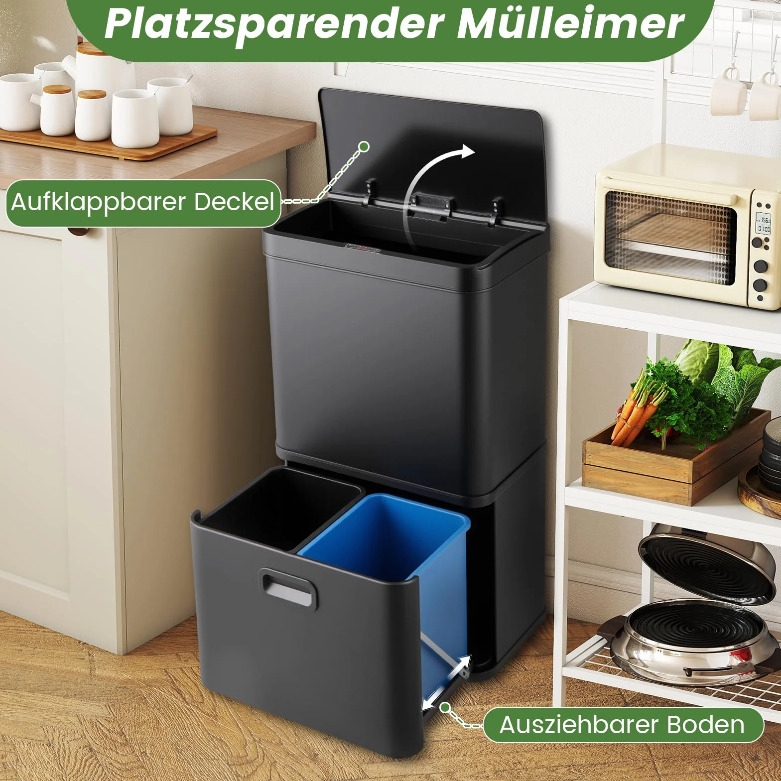 COSTWAY Kosz na śmieci z 3 przegródkami, system segregacji śmieci 56 l, w zestawie 2 wyjmowane pojemniki na odpady, 2 x 10 l + 36 l, elektryczny kosz na śmieci z czujnikiem i pokrywą Softclose, do
