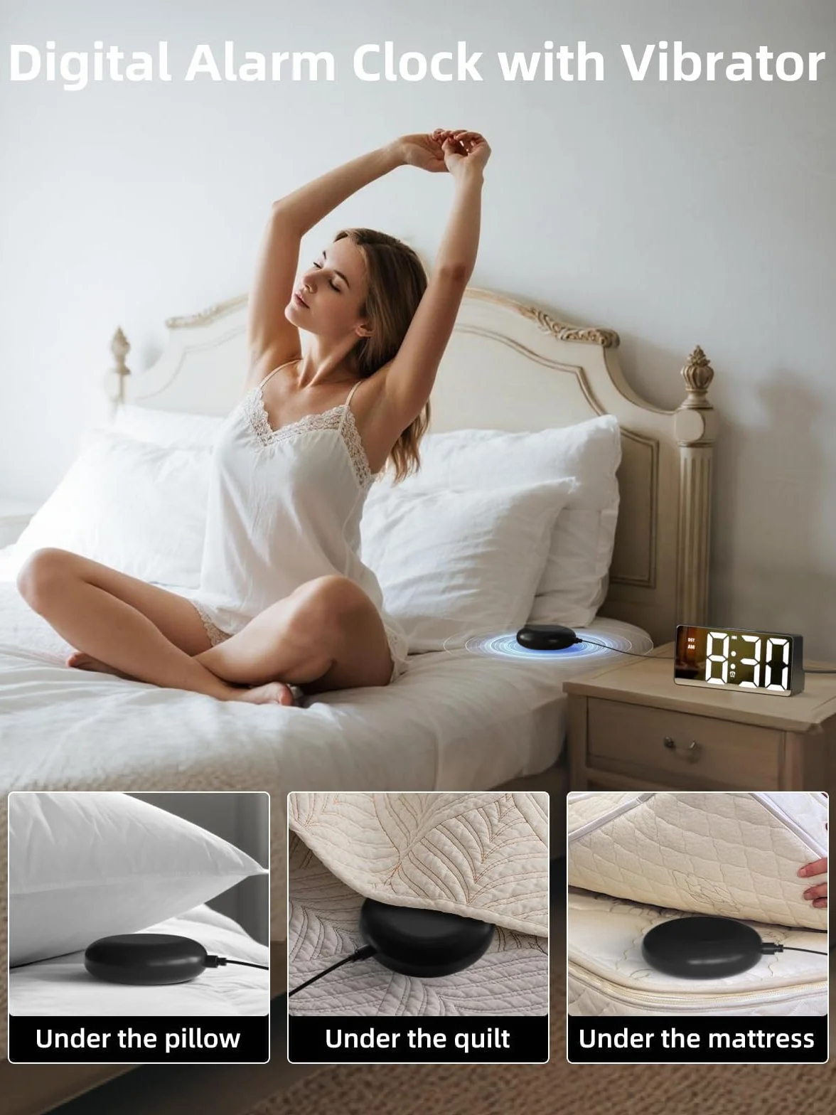 MINORZ Głośny budzik do głębokiego snu, budzik wibracyjny i lampka nocna, 3 tryby wibracji, podwójny alarm, drzemka, port ładowania USB, 12/24H i DST, idealny dla osób starszych niesłyszących