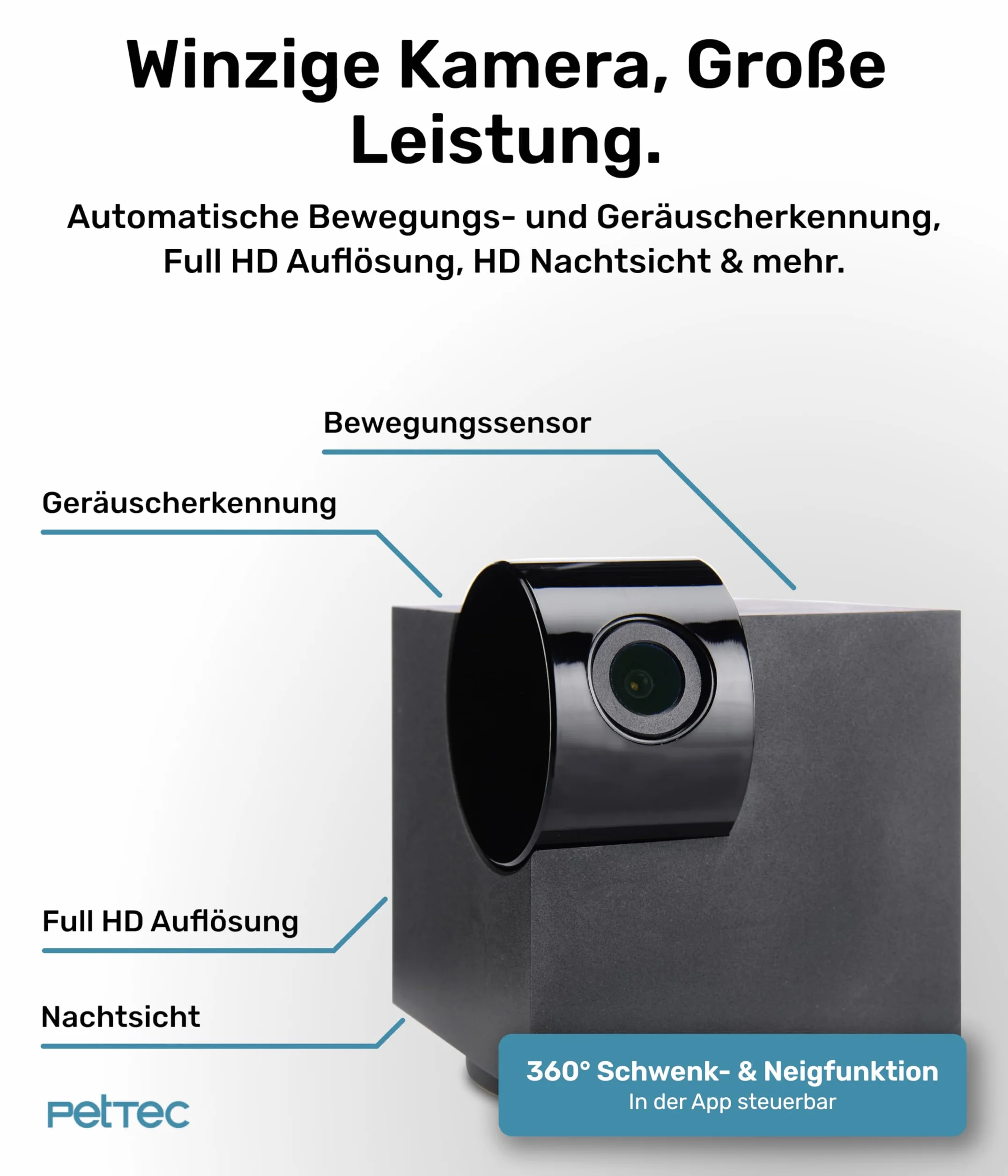 PetTec Cam 360° Dog Camera z aplikacją, WiFi, funkcją głosową i noktowizją do domu - Pet Security Camera Full HD - Kamera dla zwierząt domowych dla psów i kotów, kamera dla zwierząt domowych