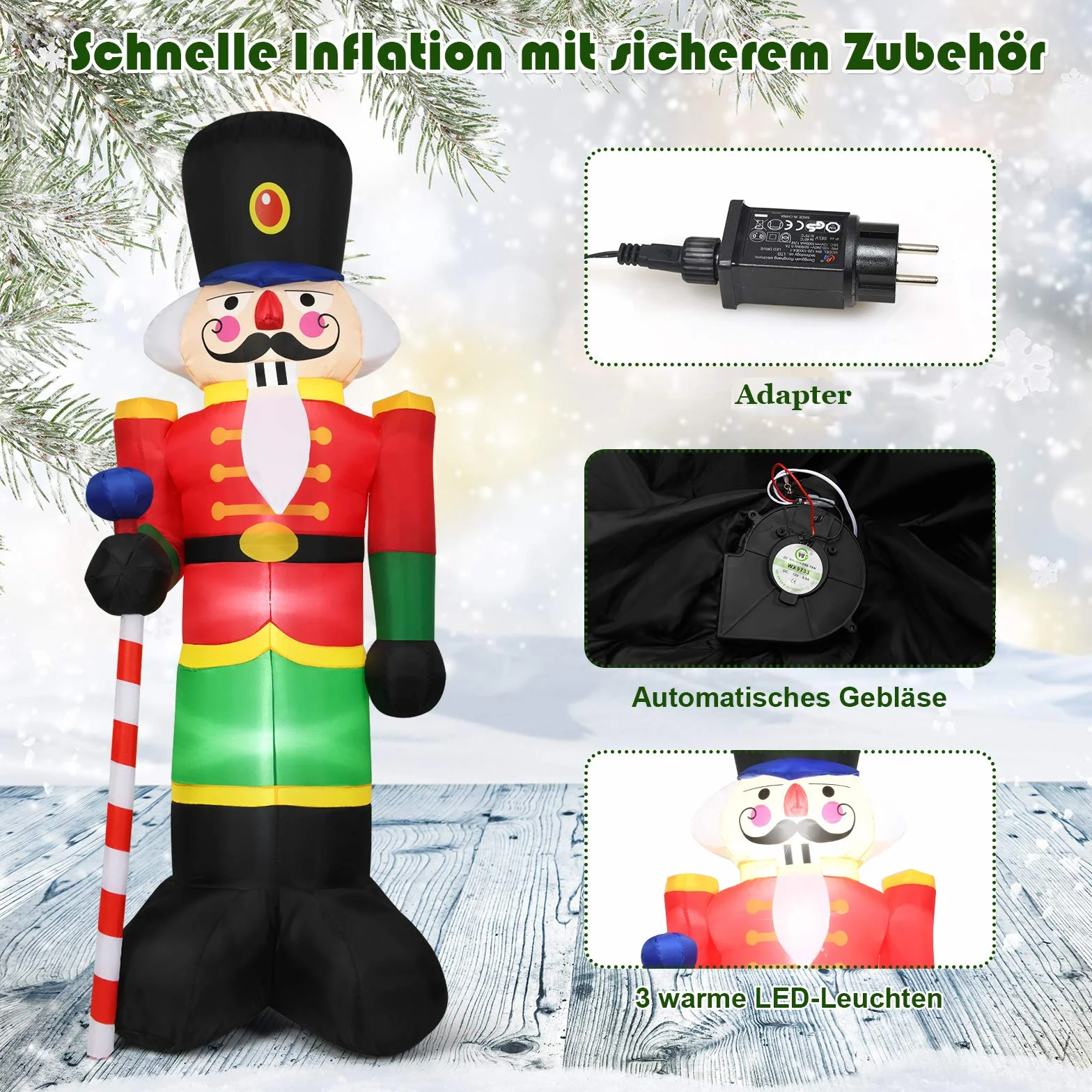 COSTWAY Dmuchany dziadek do orzechów, 240 cm, żołnierz Świętego Mikołaja, z 3 diodami LED, dekoracja bożonarodzeniowa do wewnątrz i na zewnątrz, samopompujący