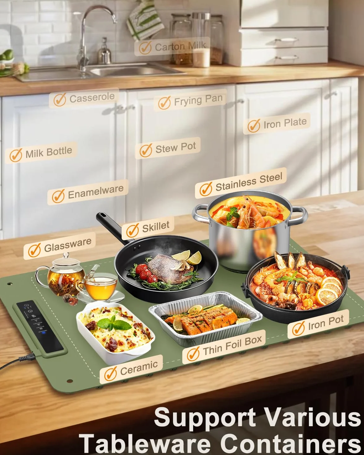 Mojimdo Warming Plate płyta grzewcza do potraw – silikon bezpieczny dla żywności, 3 poziomy temperatury, ogrzewanie na całej powierzchni, elastycznie zwijana i zawieszana, idealna do domu, bufetu i na