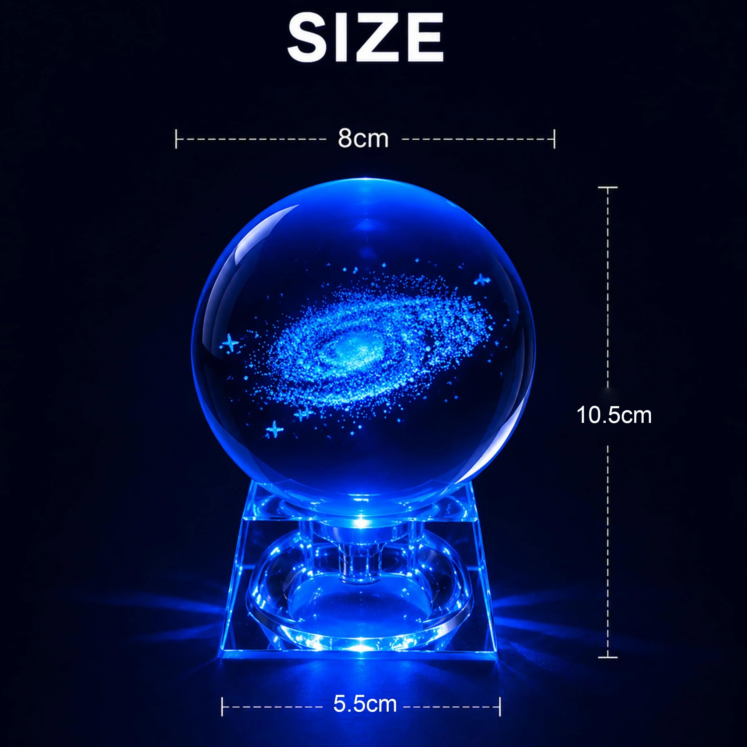 Galaktyka kryształowa kula – szklana kula ornamenty dla dzieci lampka nocna z cokołem LED, przezroczysta 80 mm, oświetlenie galaktyki dla dzieci, lampka nocna dla dzieci