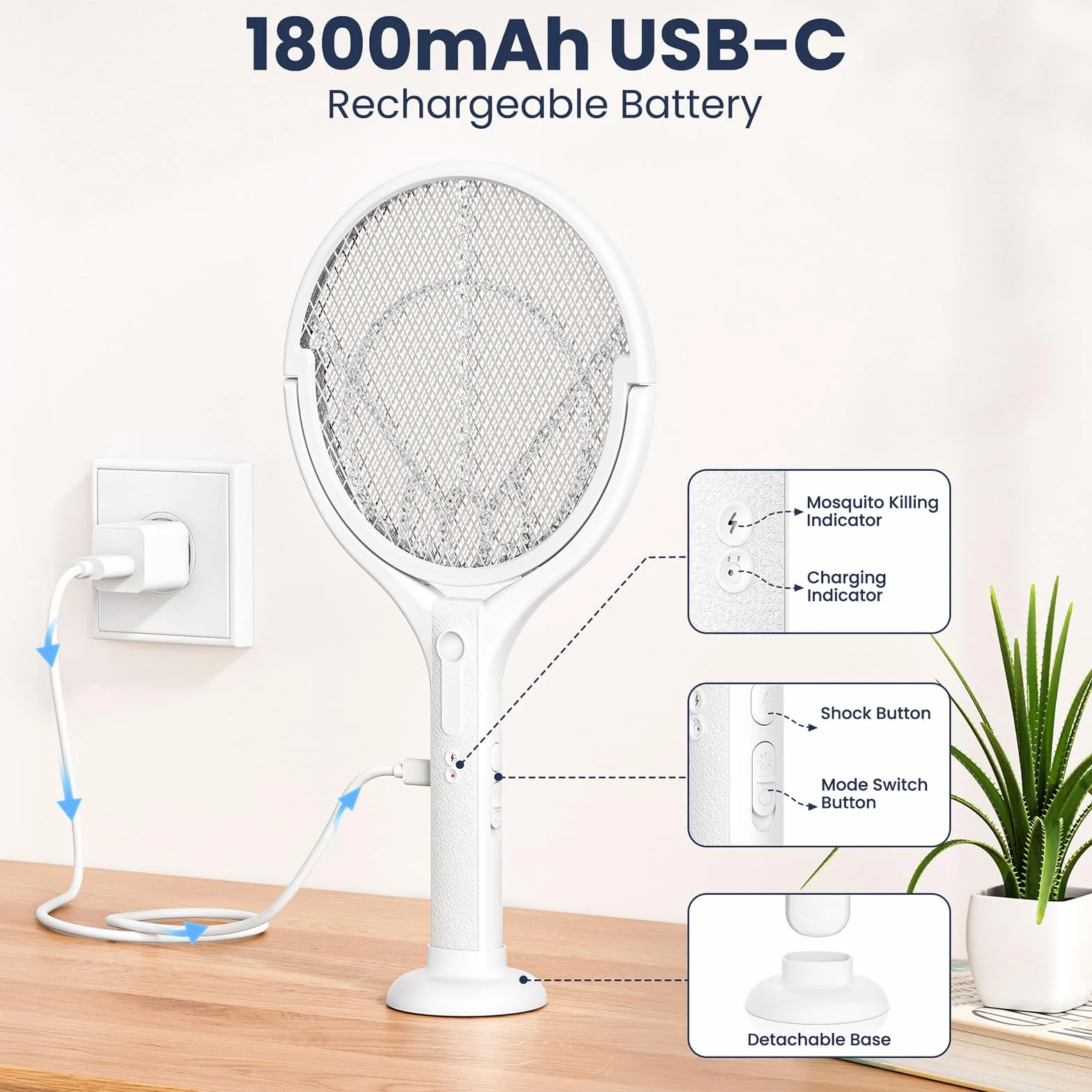 Elektryczna Pakła na Muchy Extra Mocna 4000V z Wysuwaną Rączką i Obracaną Głowicą, 1800mAh 2w1 Elektryczna Rakieta na Komary Fioletowe Światło Lampa na Moskity, do Wewnątrz i Na Zewnątrz
