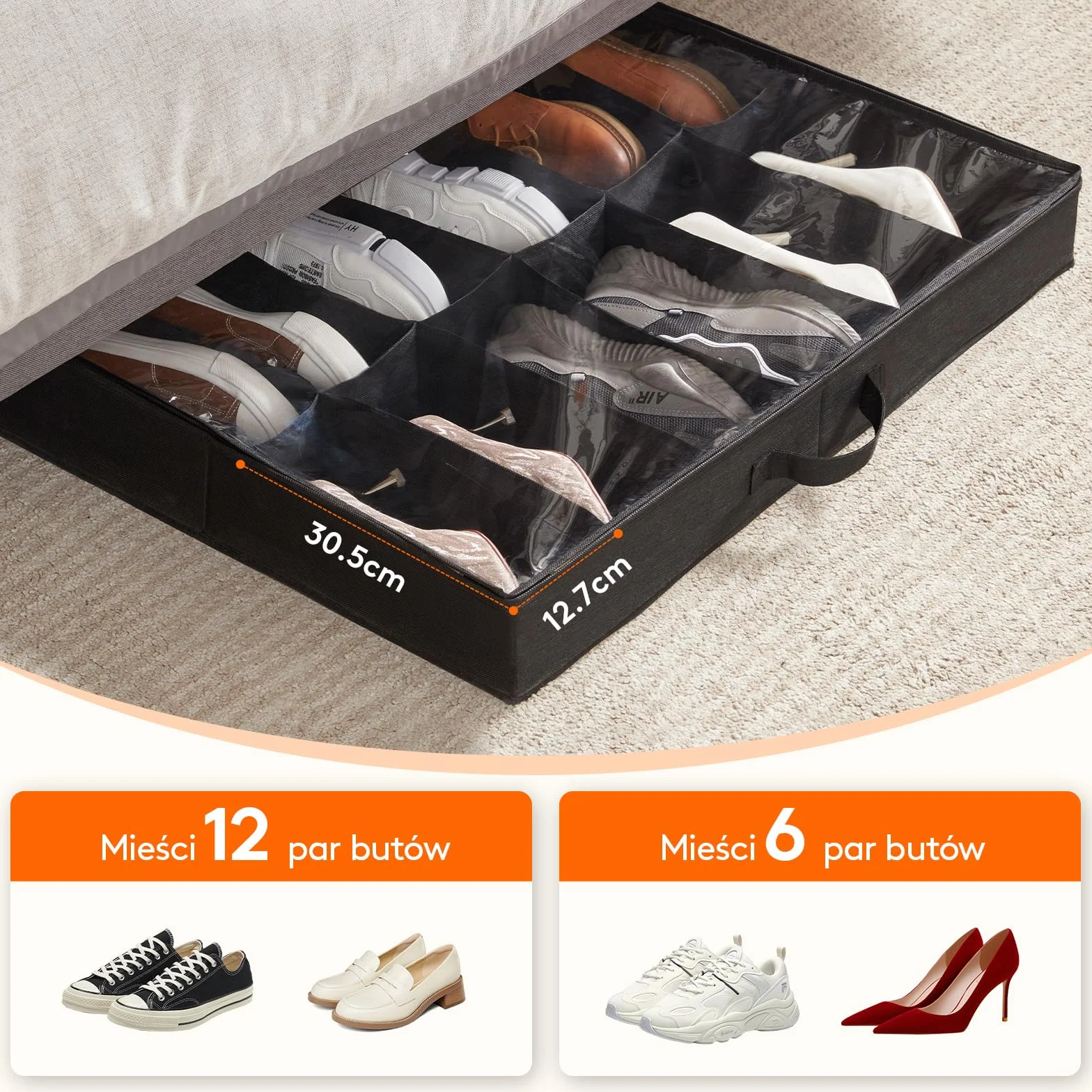 Lifewit Organizer na Buty z Przezroczystym Okienkiem, Składana Torba do Przechowywania z Uchwytem Pod Łóżko, Shoe Storage Box, Czarny, 2 x 12 Par, Zestaw 2 Sztuk