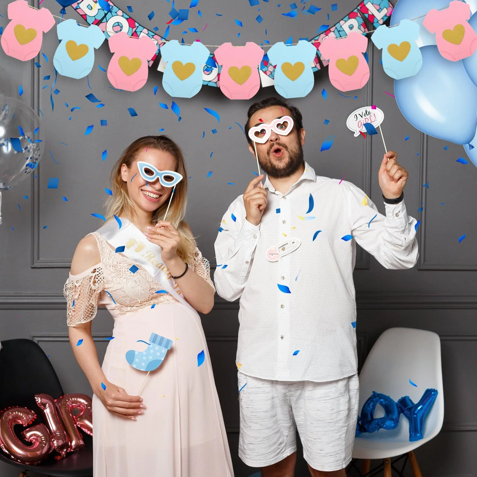 Niebiesko Różowa Papierowa Girlanda na Baby Shower, Body z Krótkim Rękawem Girlanda Sznurku do Bielizny Baner z Informacją o Płci Dziecka Dekoracja na Powitanie Noworodka (Niebieski, Różowy)