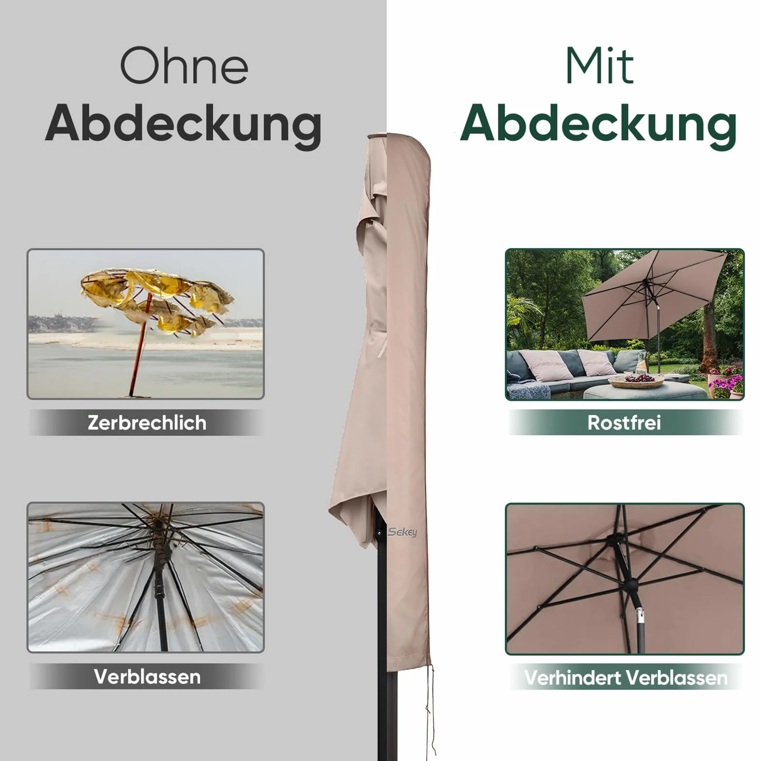 Sekey 30030086 Pokrowiec Ochronny na Parasol Przeciwsłoneczny, 100% Poliester, Kolor Taupe, o Średnicy 300 cm