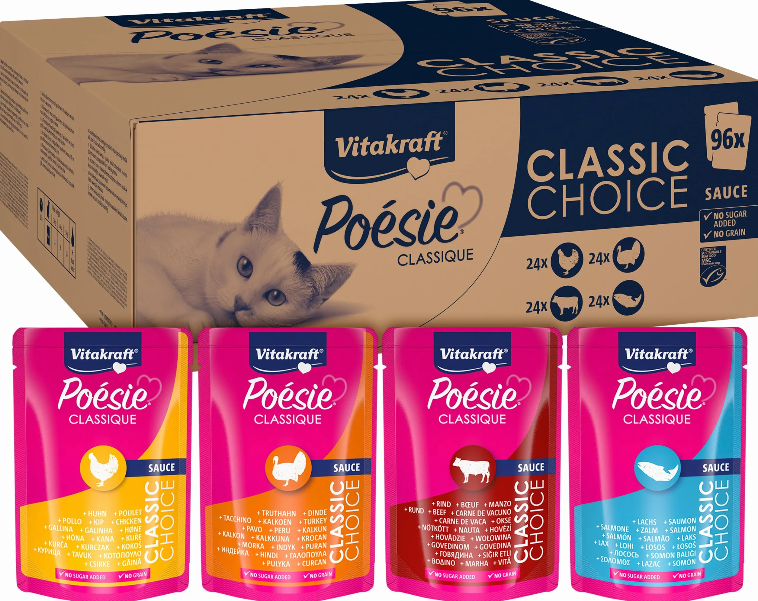 Vitakraft Poésie Classique, mokra karma dla kotów, duże opakowanie z 96 workami, z kurczakiem, indykiem, wołowiną, łososiem z pieczęcią MSC, bez dodatku cukru i zbóż (1 opakowanie 96 x 85 g)
