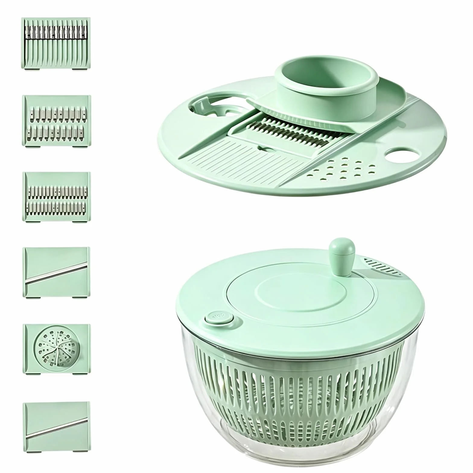 Salad Spinner wirówka do sałaty z pokrywką, wielofunkcyjna miska do sałaty z 6 ostrzami, deska do krojenia, idealna do mycia i krojenia warzyw i owoców, separator żółtek jaj