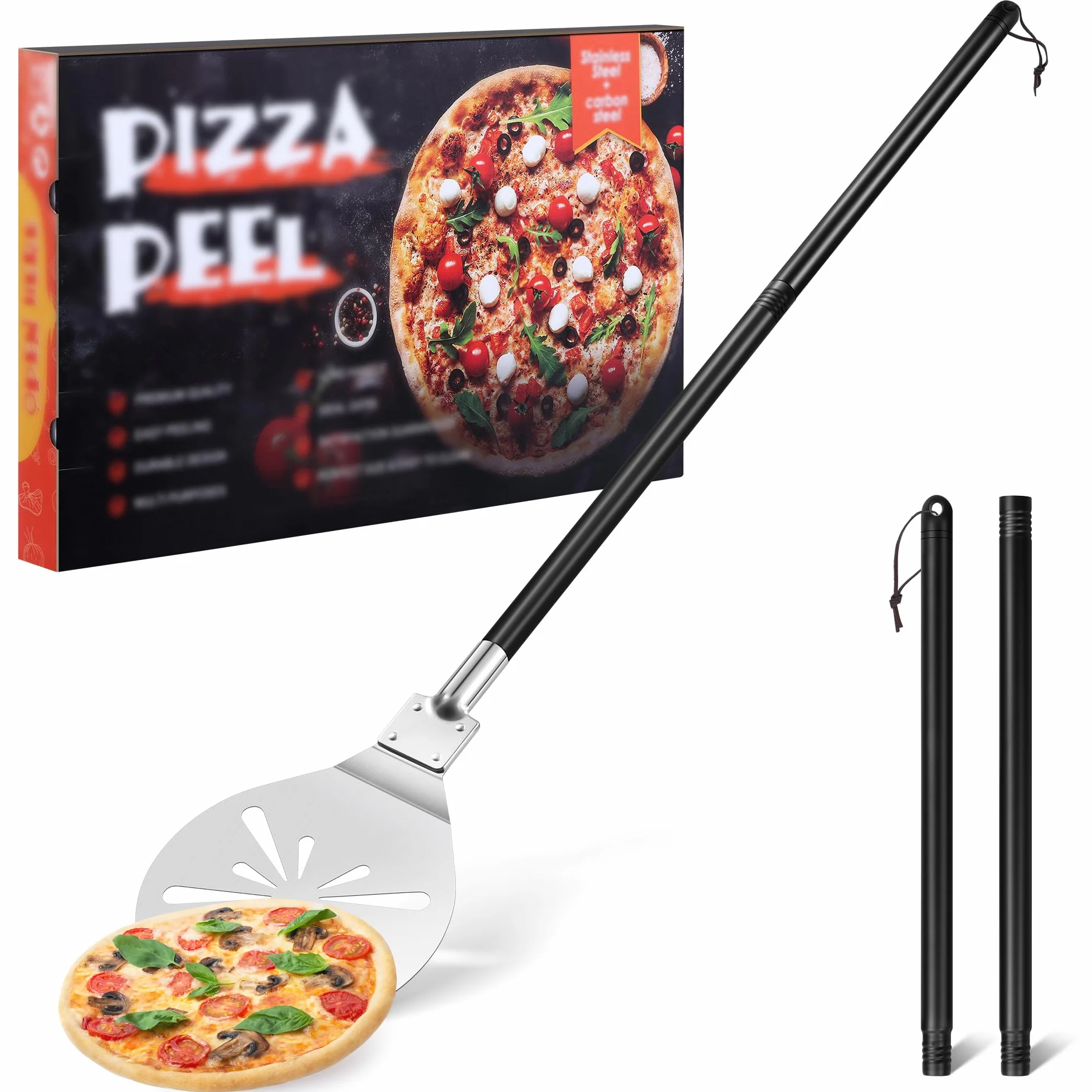 TEAMFAR Łopatka do pizzy, 20,3 x 22,7 x 110 cm, perforowana stal nierdzewna, okrągła, duży obszar i zdejmowany uchwyt