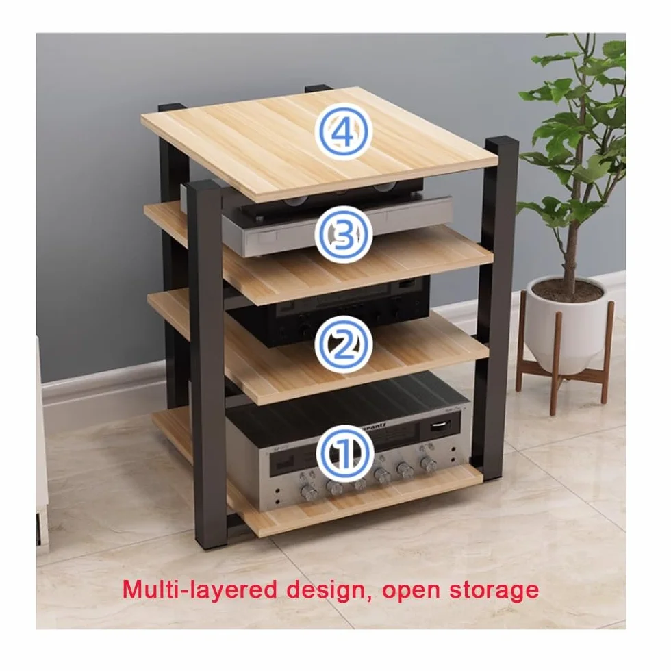 4-poziomowy stojak audio z drewnianymi półkami na wzmacniacz, nośniki AV i komponenty stereo, odtwarzacz CD, półka narożna, do studia nagraniowego, czarny, 70 x 55 x 90 cm