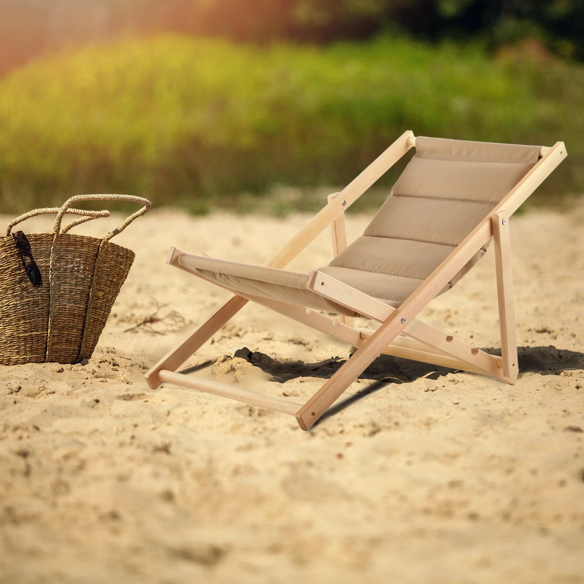 KADAX Leżak drewniany nośność 120 kg cappuccino, bukowy stelaż składany, z zagłówkiem, wygodny wypoczynek na plaży, tarasie i balkonie