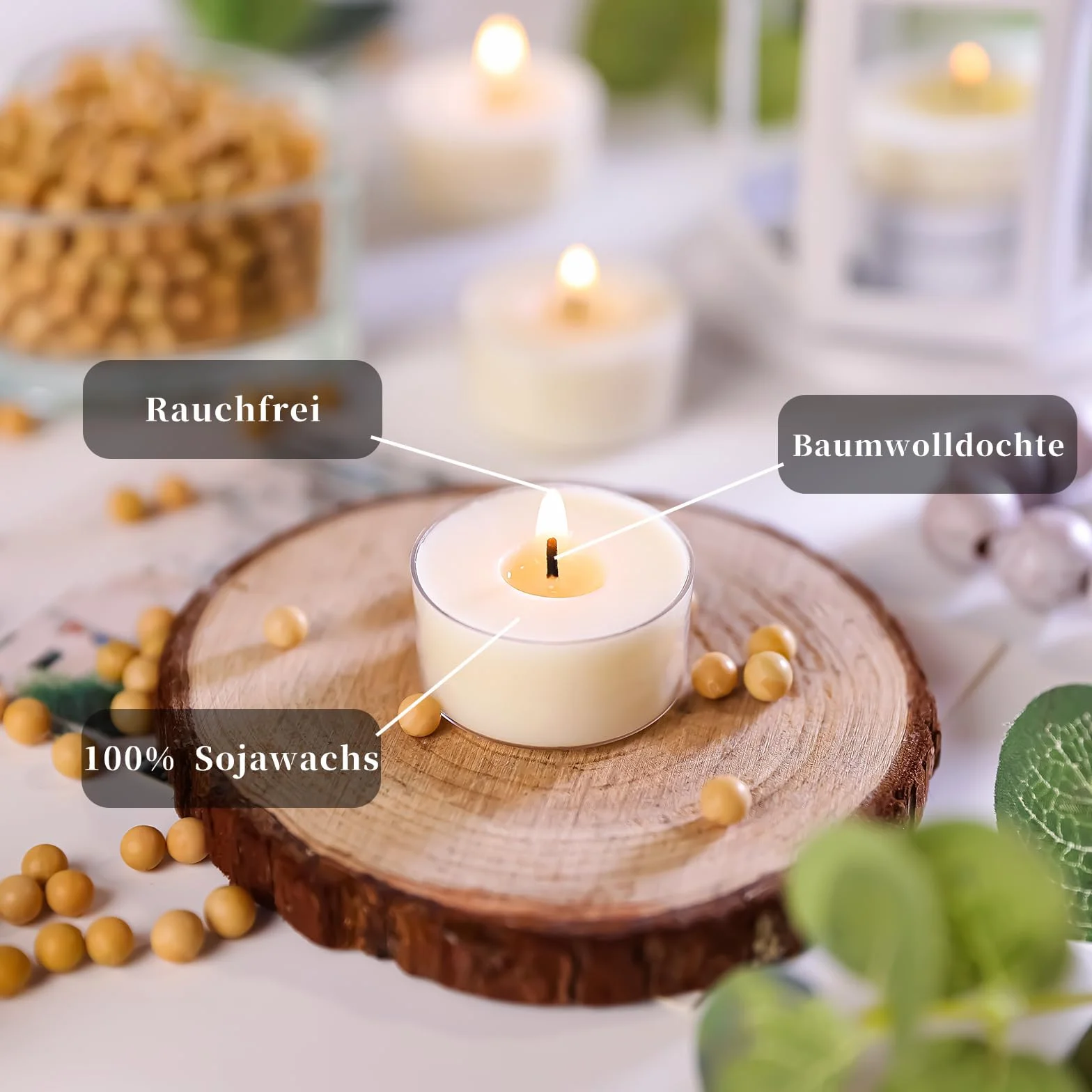 25 sztuk naturalnych, bezzapachowych świeczek typu tealight ze 100% wosku sojowego, czas palenia 6 godzin, bez parafiny, nietoksyczne, wegańskie, w przezroczystej filiżance