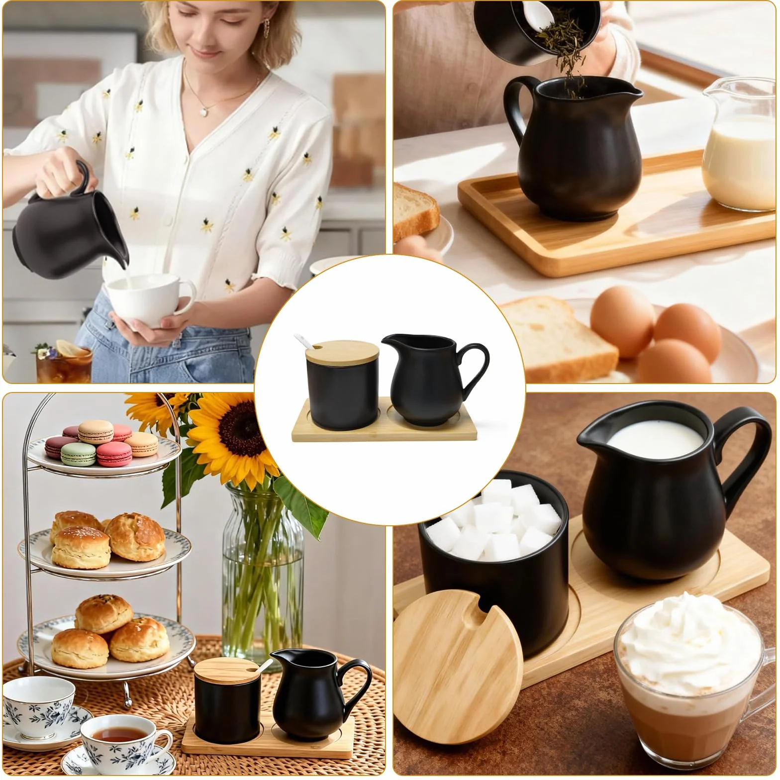 Zestaw do mleka i cukru z pokrywką i łyżeczką, ceramiczny mlecznik i cukiernica z drewnianym podtacznikiem, zestaw do mleka i cukru do kawy, mleczka odporna na mikrowfalę i zmywarkę