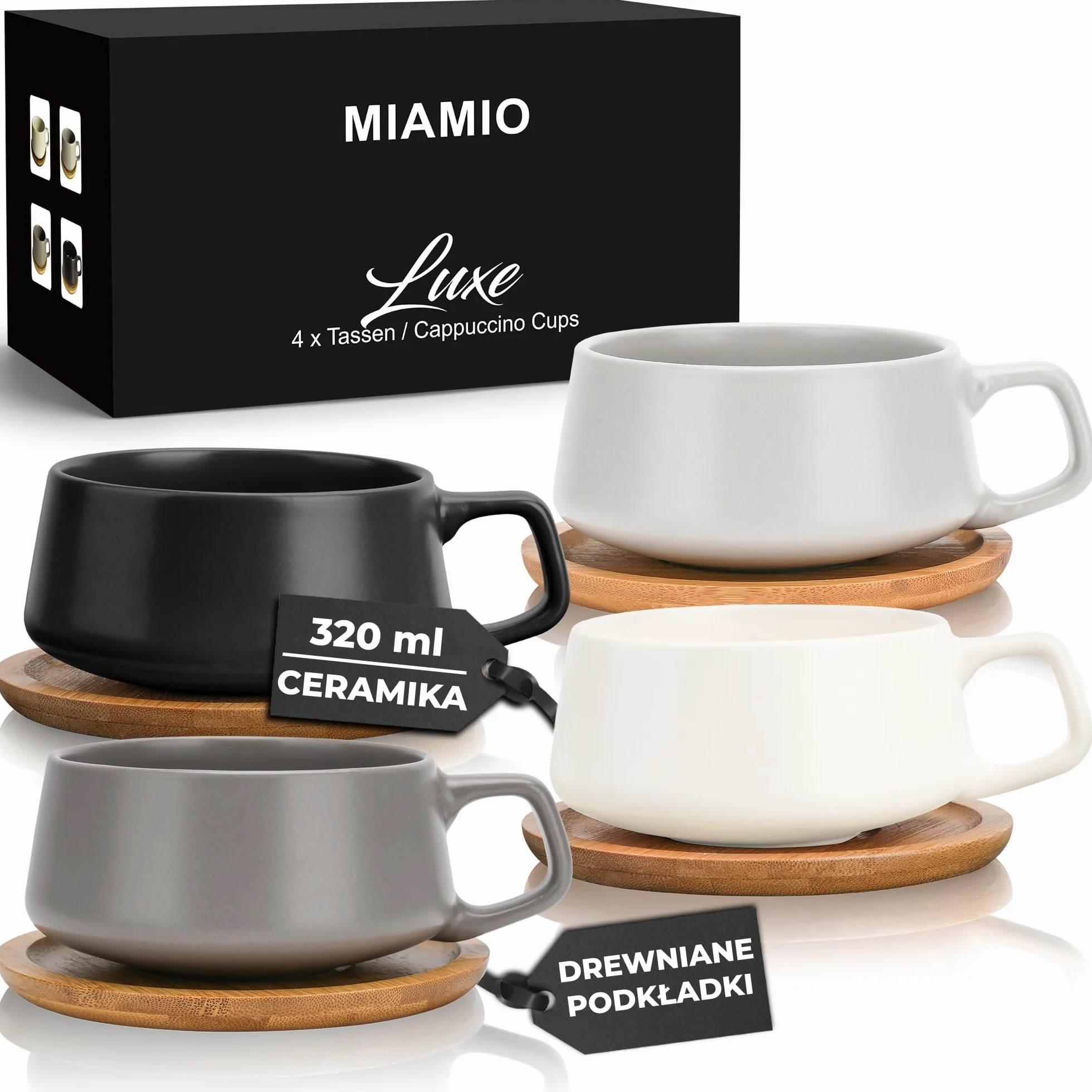 MIAMIO 320 ml, Zestaw 4 Ceramicznych Filiżanek do Herbaty i Spodków Bambusowych - Szeroki Kubek do Cappuccino, Kawy, Latte, Espresso