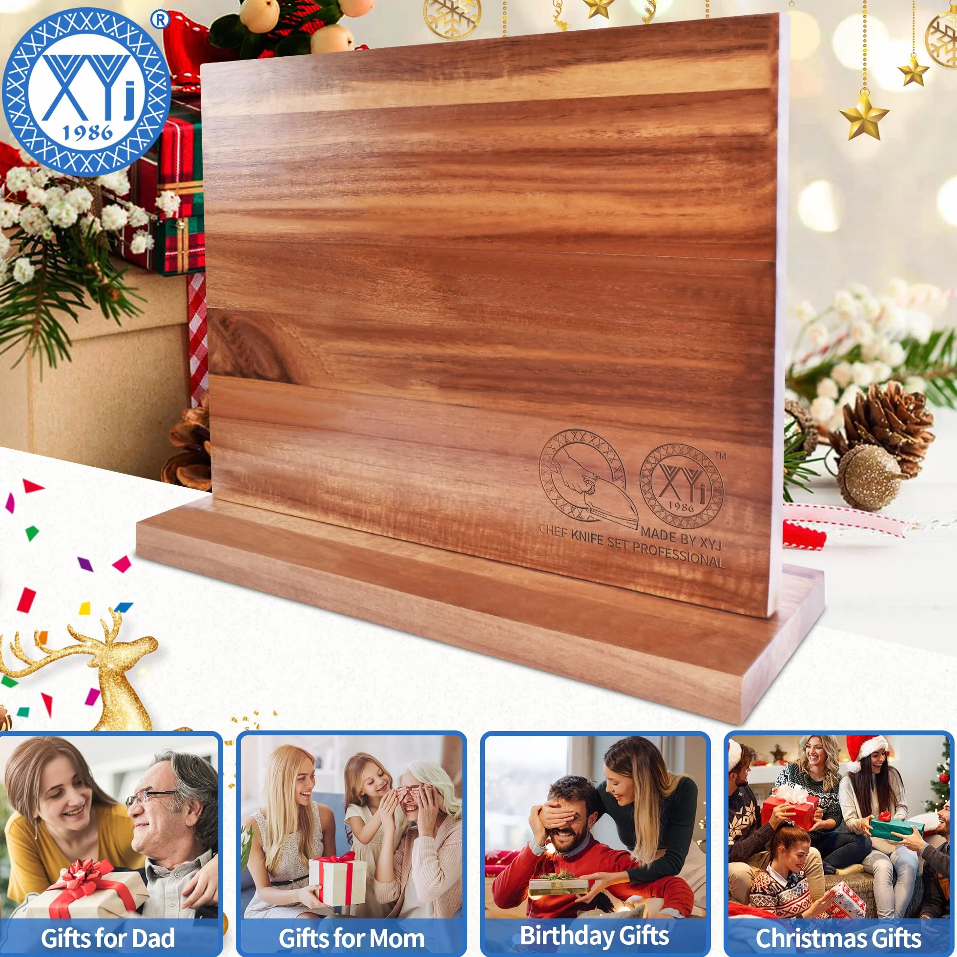 XYJ Authentic Since 1986, magnetyczny blok na noże, dwustronny stojak na noże kuchenne, drewno akacjowe, magnetyczny uchwyt na noże z mocnymi magnesami, stojak do przechowywania noży do domu