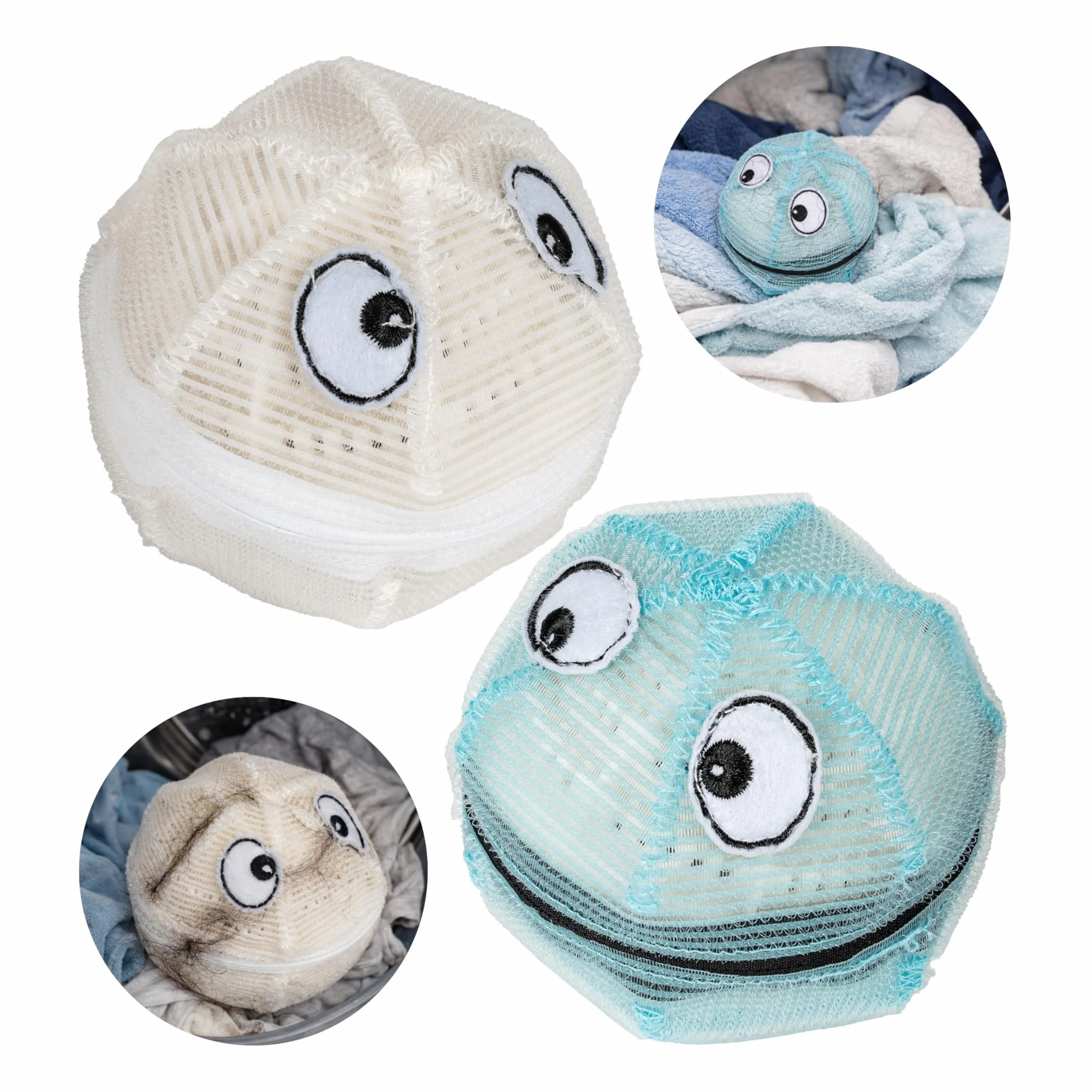 WASHMONSTER łapacz do włosów do pralki, suszarki do prania, 2 zestawy, niebieski i biały, filtr do włosów zwierzęcych, ludzkich włosów, sitko do kłaczków, Ø 106 mm, piłka do prania z perłami do prania