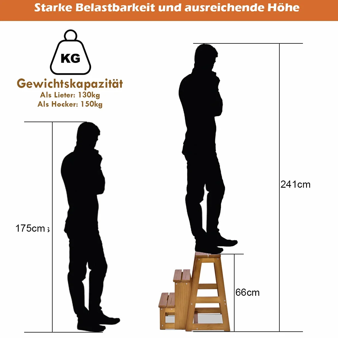 COSTWAY Drabinka taboret, 3 stopnie, krzesło drabinowe, składane krzesło do 150 kg, wysokość 66 cm, drabina z litego drewna, drabina do gospodarstwa domowego, pomoc przy wchodzeniu dla konia (natur)