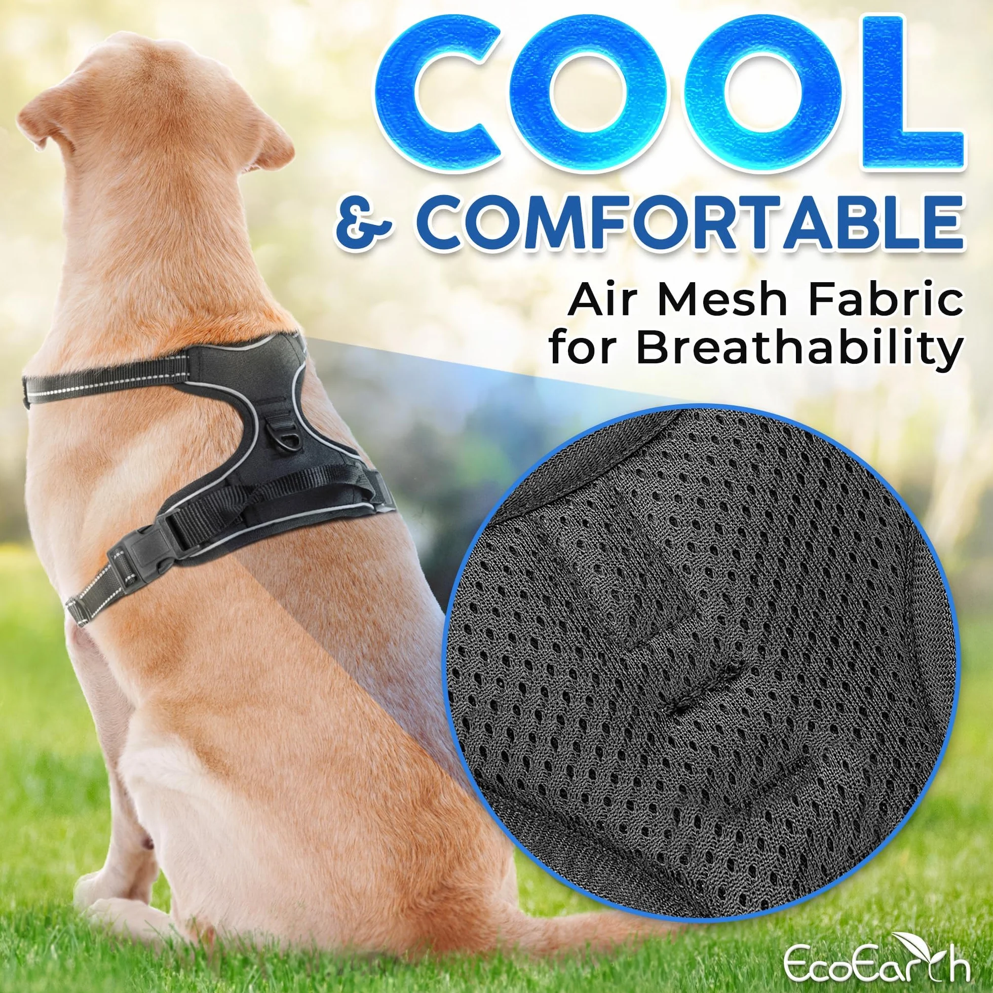 EcoEarth Dog Harness for Medium Dogs Black Soft Padded Adjustable No Pull Pet Harness
