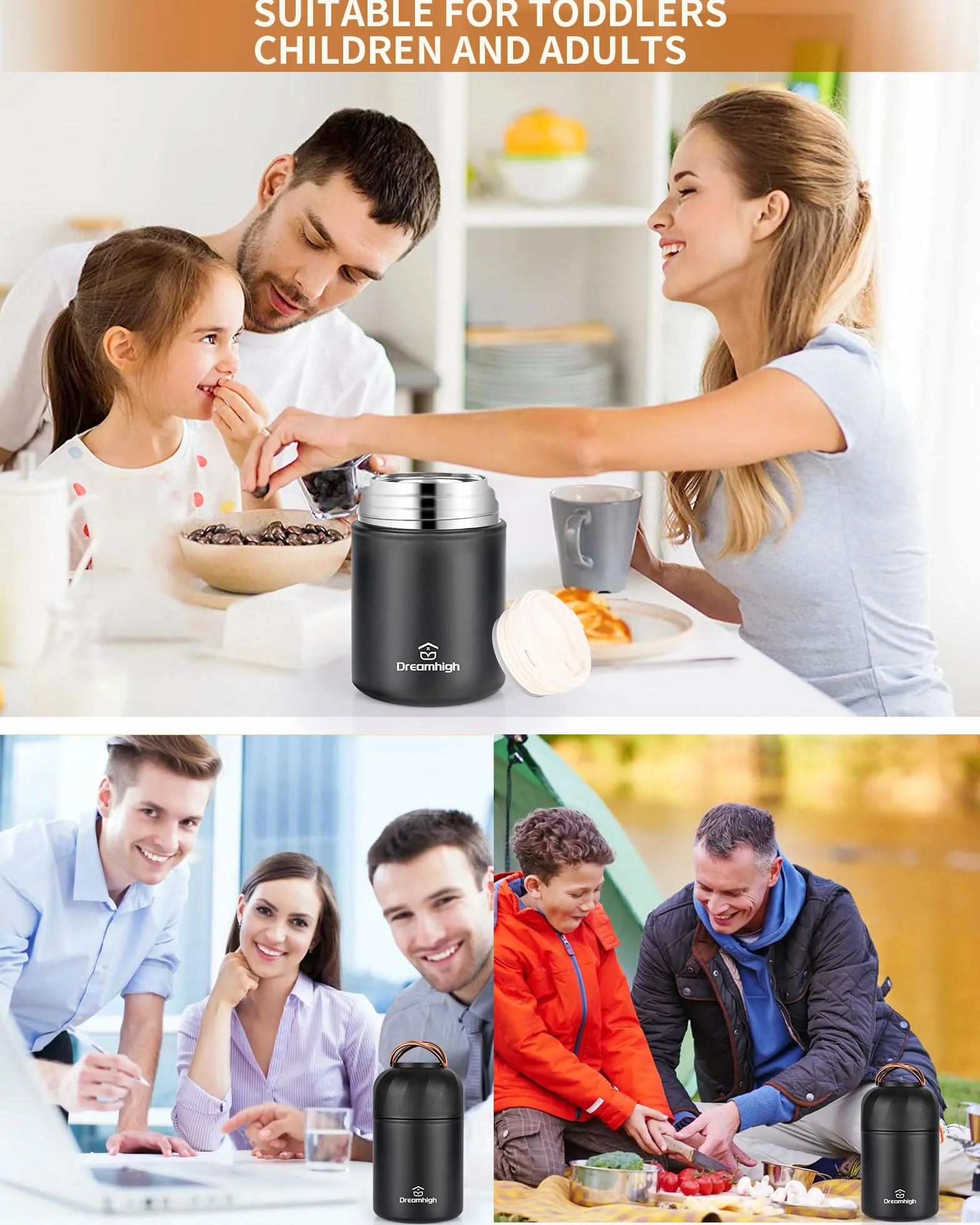 Dreamhigh® Pojemnik termiczny na żywność, 850 ml, ze stali nierdzewnej, z uchwytem, termos do jedzenia, szczelny, w zestawie łyżka, 12 godzin gorąca, zimno przez 12 godzin (czarny)