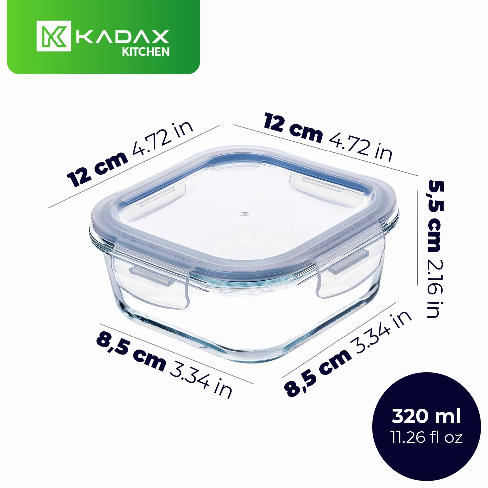 KADAX Pojemnik szklany na żywność z pokrywką 320 ml kwadratowy, hermetyczne zamknięcie, można myć w zmywarce, dłużej zachowuje świeżość przechowywanych potraw