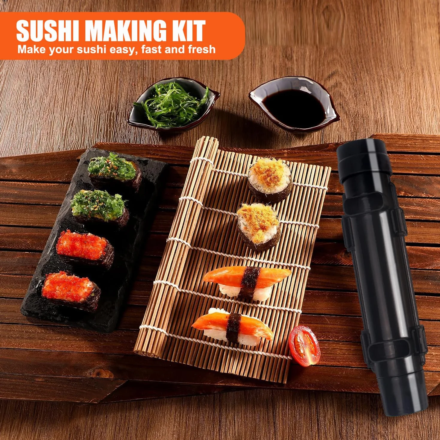 SmileTools Zestaw do robienia sushi, wałek do sushi, sushi bazooka, maszyna do sushi, bambusowa mata do zwijania sushi dla początkujących (czarny)