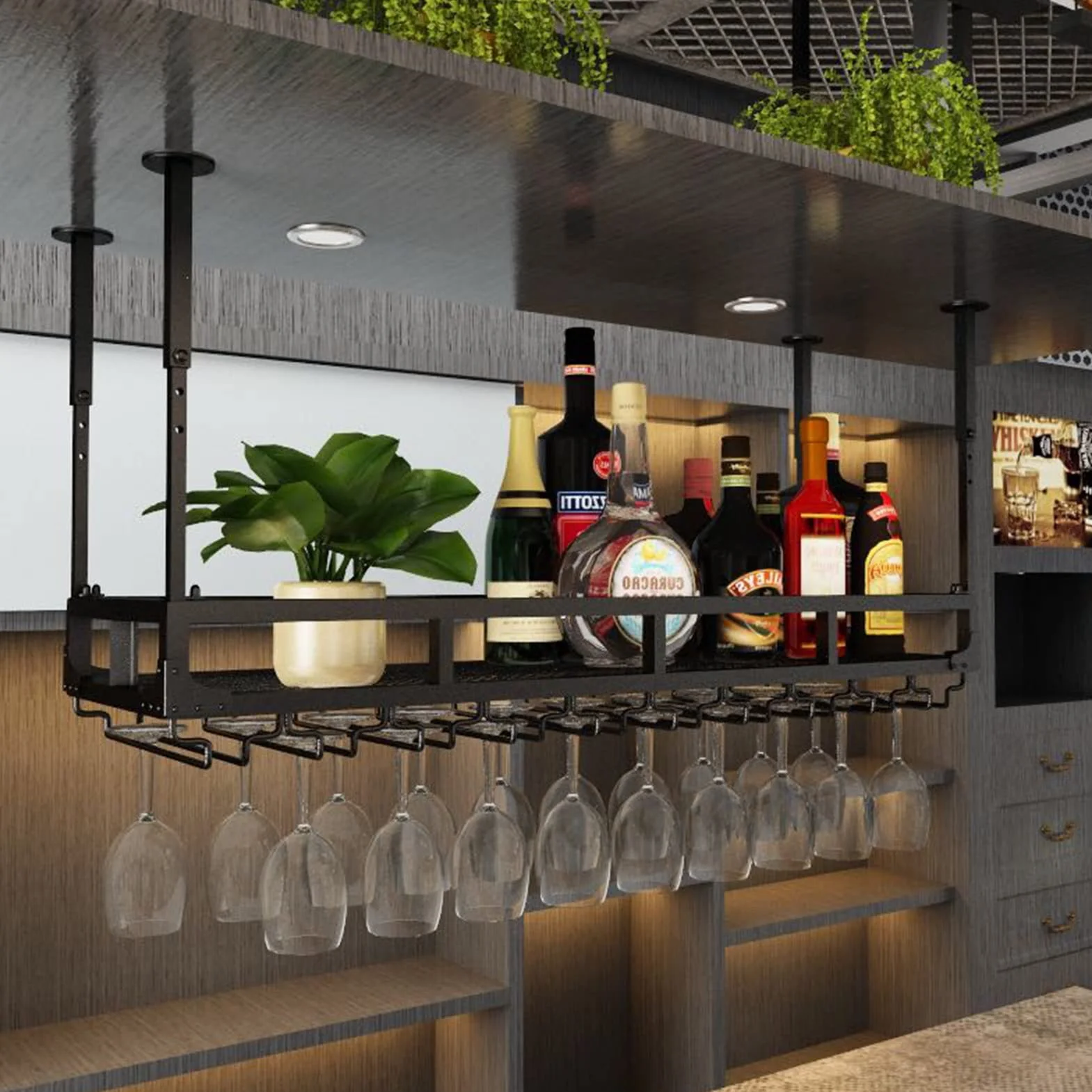 Wiszący barek sufitowy Stojak na wino, bar, restauracja, uchwyt na butelkę wina, wiszące w domu kieliszki Stojaki na kieliszki do szampana Sufit podwieszany Czarna ramka Duża półka do przech